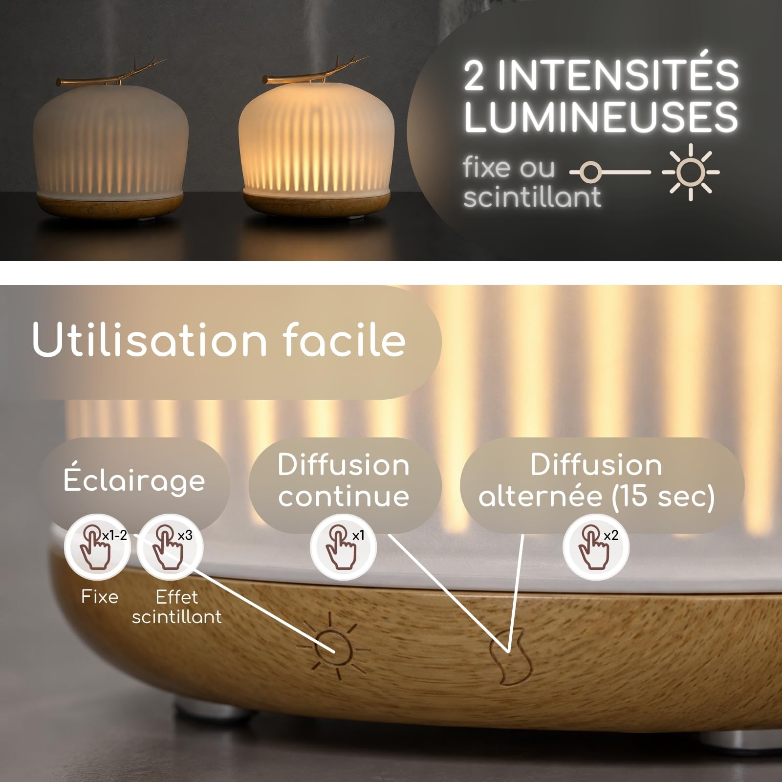 Zen’Arôme Diffuseur d’Huile Essentielle Origin – Diffuseur Ultrasonique Aromathérapie à Froid – Diffuseur Électrique pour Parfum Maison – Multifonction, Éclairage LED d’Ambiance, Silencieux et Chic