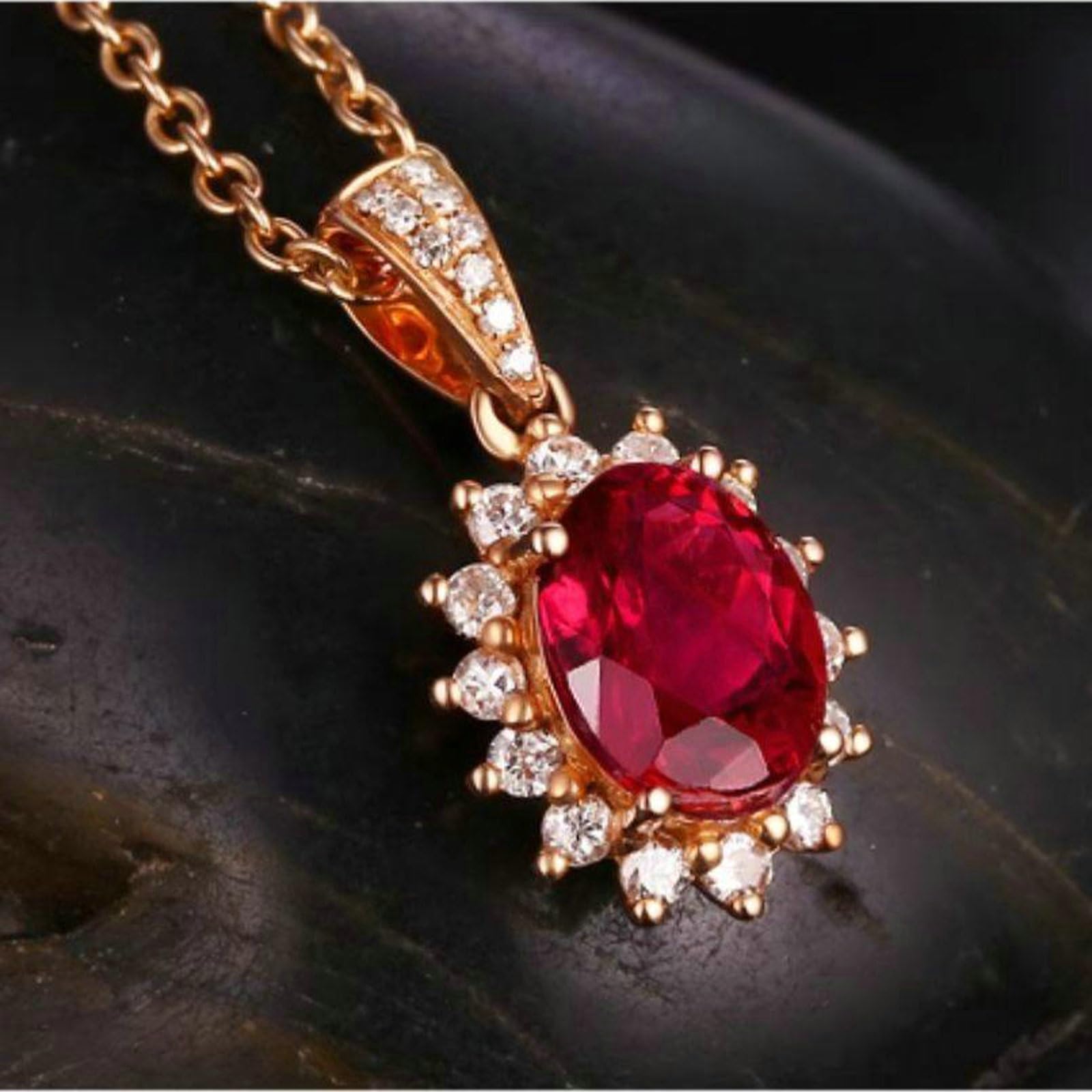 Collar para mujer de oro rosa 750 585 375 de oro auténtico con colgante, cadena colgante de flor con rubí de 1 ct y diamante de 0,19 ct, collar sin níquel, 45 cm