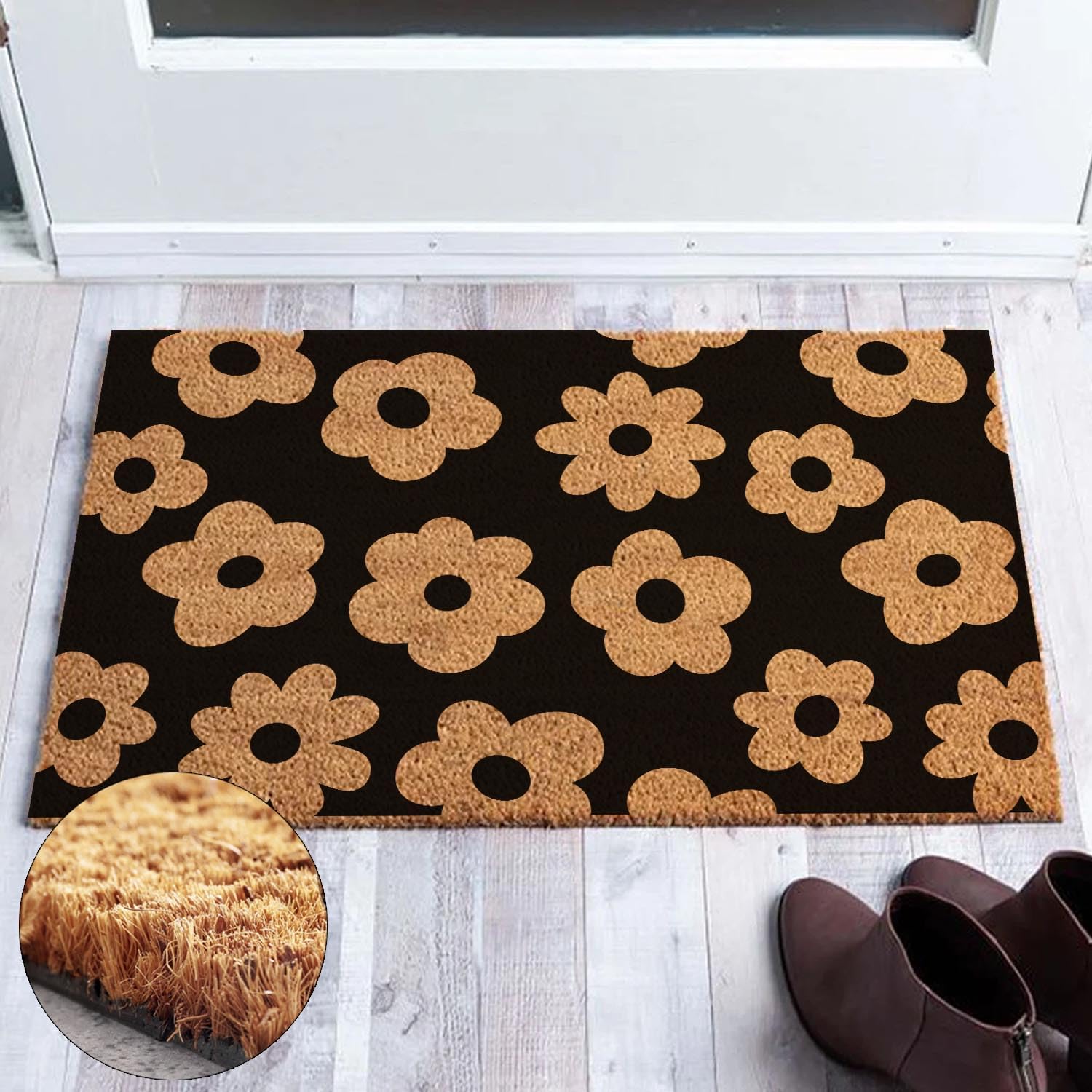 Funny Coir Doormat - Black Summer Floral Flowers Simple Modern Welcome Mat for Porch & Entrance - PVC Backing, Non Slip Outdoor Coconut Coir Rug 23.6x15.7 inch