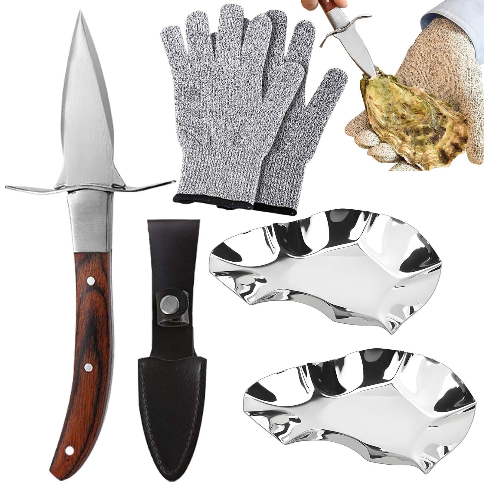 Austernmesser Set, 1 stücke Holzgriff Austernöffner mit 1 Paar Schutzhandschuhen der Stufe 5 (L) und 2 stücke Austernschale aus Edelstahl, Edelstahl Austernmesser für Schalentiere oder Hartkäse