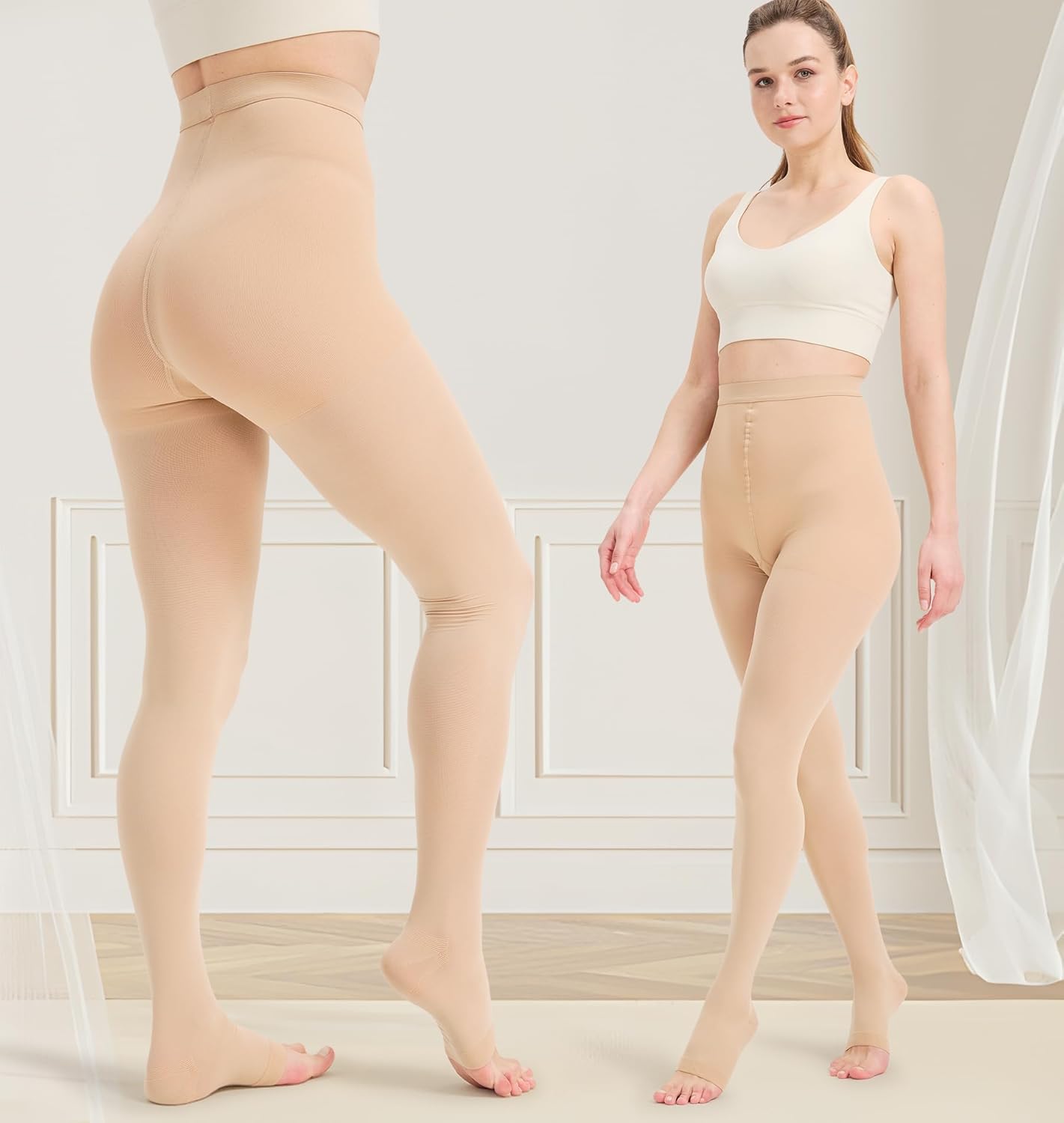 KEKING Medical Compression Pantyhose for Women & Men, Comfort 15-20 mmHg Graduated Compression Support Stockings, Open Toe Compression Tights for Varicose Veins, Edema, Flight, Beige S - Image 7