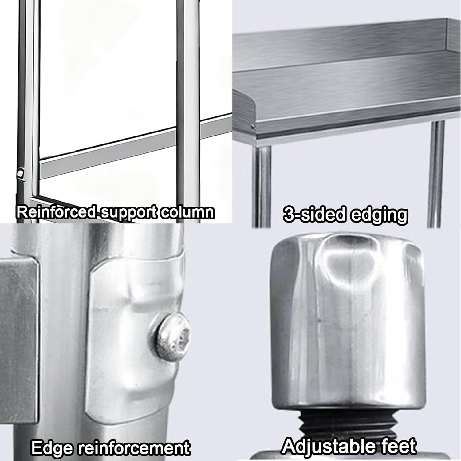 Stainless Steel Workbench Triangular Reinforced Structure Commercial Work Table Adjustable Legs with Thickened Columns Enhanced Load-Bearing Capacitility Kitchen with 3-Sided Guardrail Design
