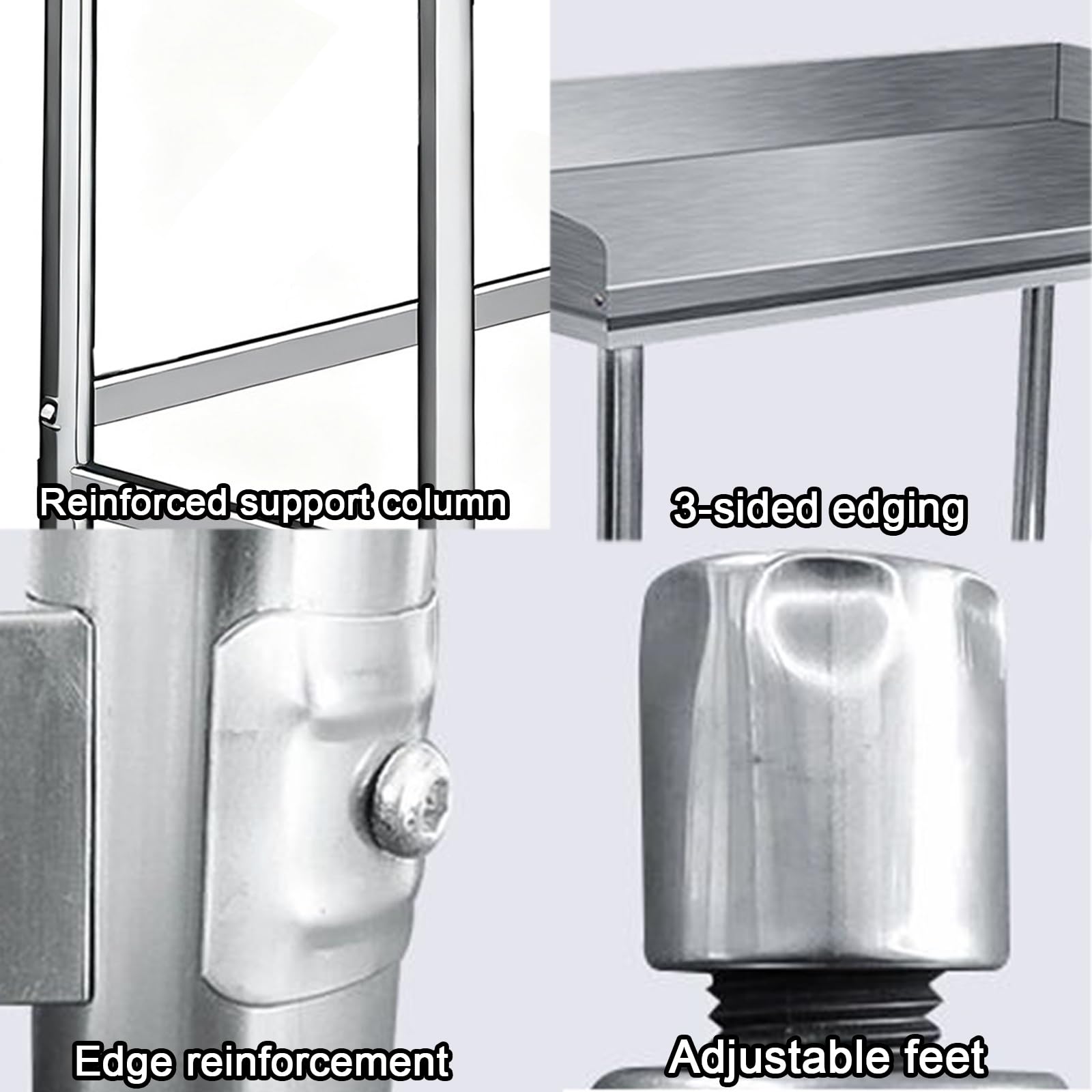 Table INOX avec Design de Clôture sur 3 Côtés pour Cuisines Tables Travail Structure Triangulaire Renforcée Commerciale Pieds Réglables et Colonnes Épaissies