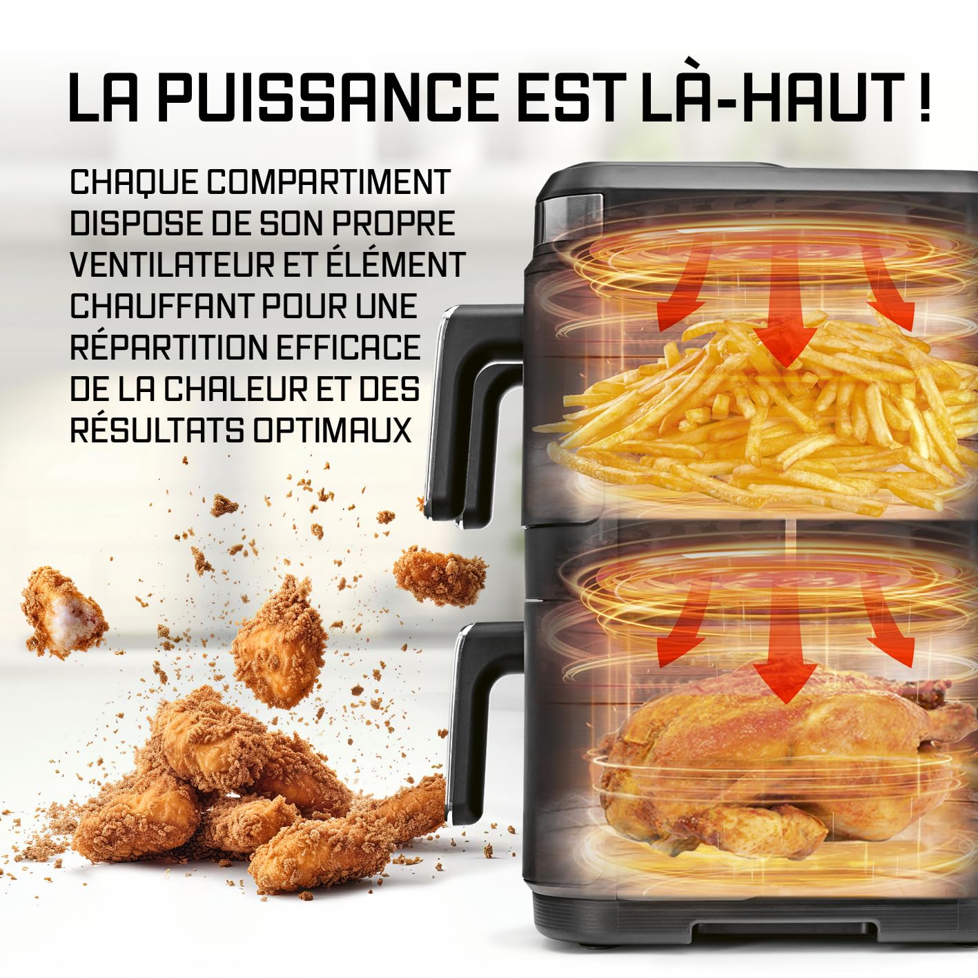 GOURMETmaxx FryUp3 Friteuse à air chaud verticale 3 chambres | Friteuse à air chaud XXL 17 litres | Airfryer avec écran tactile pliable multicolore | Friteuse à air pour 12 personnes | 12 programmes