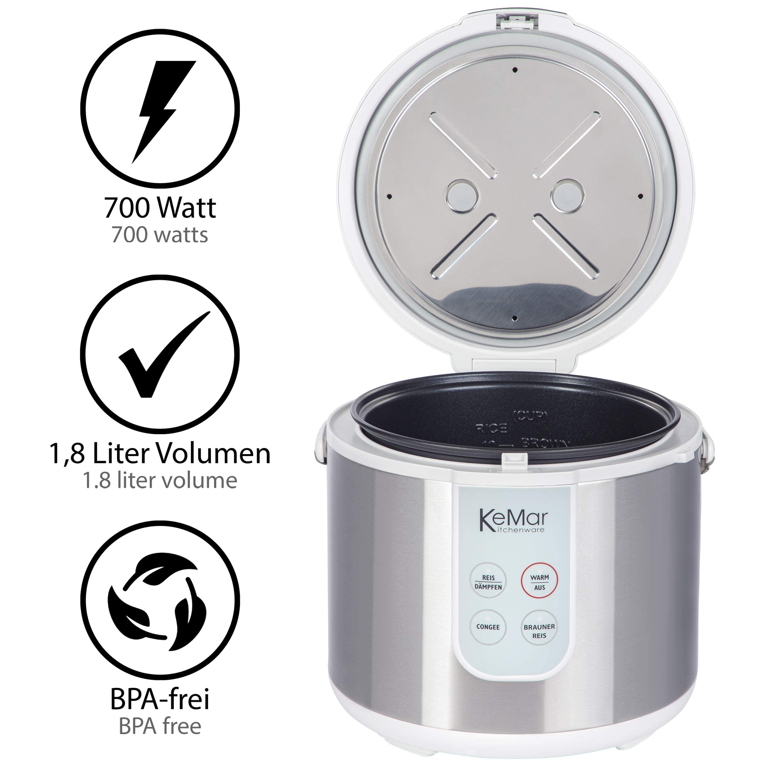 KeMar Reiskocher +GRATIS Essstäbchen (700W, 1,8l, Edelstahl) Brauner Reis, Naturreis - Keramik Beschichtung - Edelstahl Dämpfer, dampfgaren Gemüse und Fisch, Warmhaltefunktion, 4 Programme, KRC-130