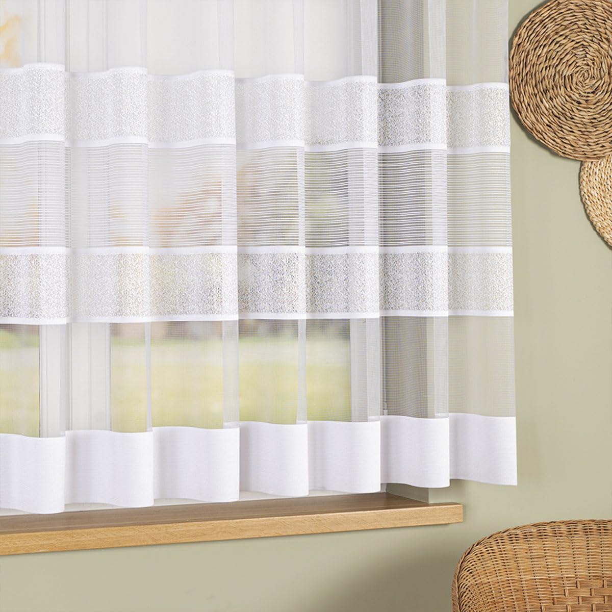 Weiß Jacquard 500x180 cm (BxH) Passos New Kurze Lange Horizontalen Streifen Kräuselband Fertiggardine Umsäumte Seiten