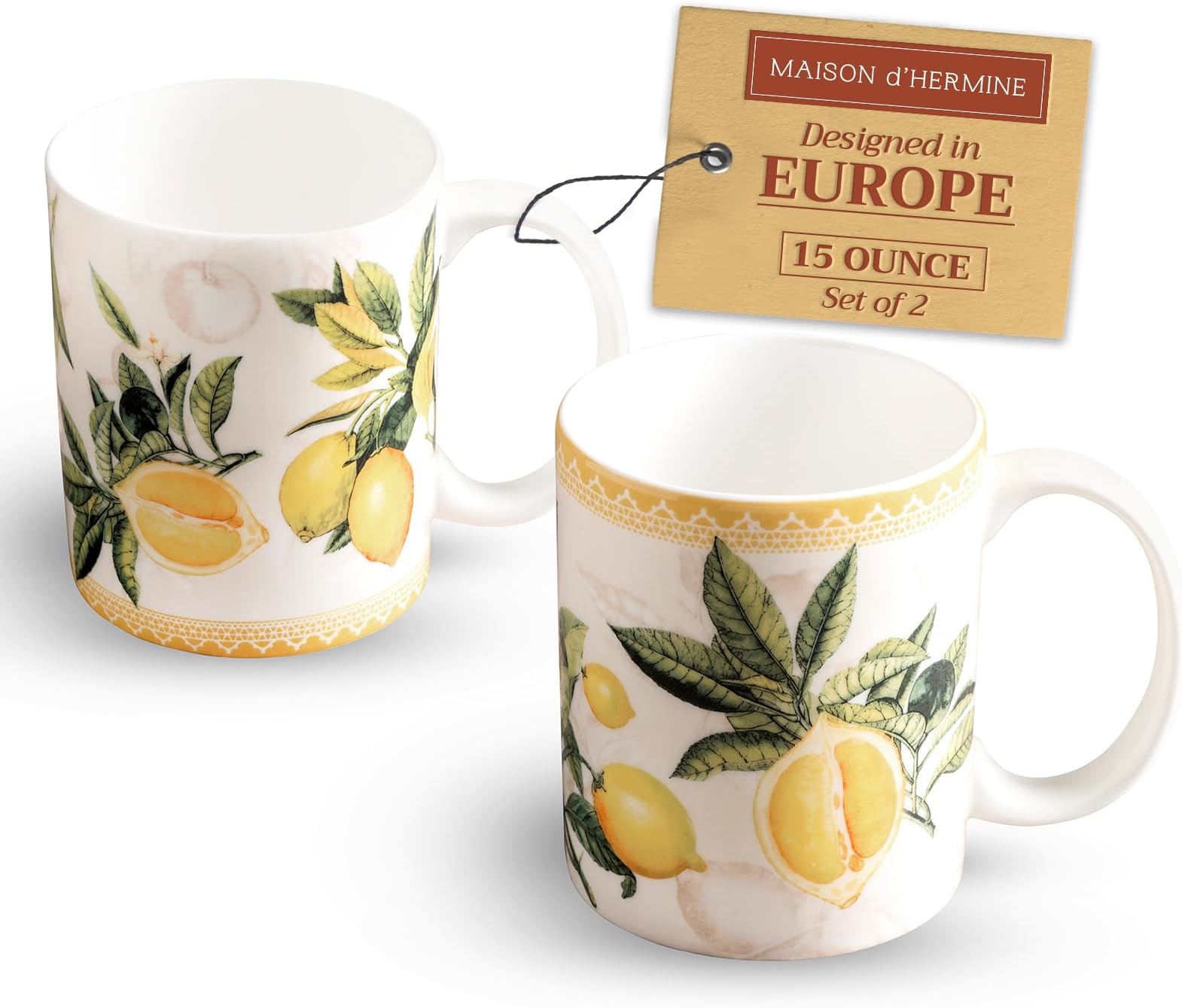 Maison d' Hermine Coffee Mug with Handles Fine Bone China Mugs Pack of Two Tea Cups for Hot Beverages Cappuccino Latte Home Restaurant Office Easter Gifts (Limoncello - Pack of 2, 15 Ounce)
