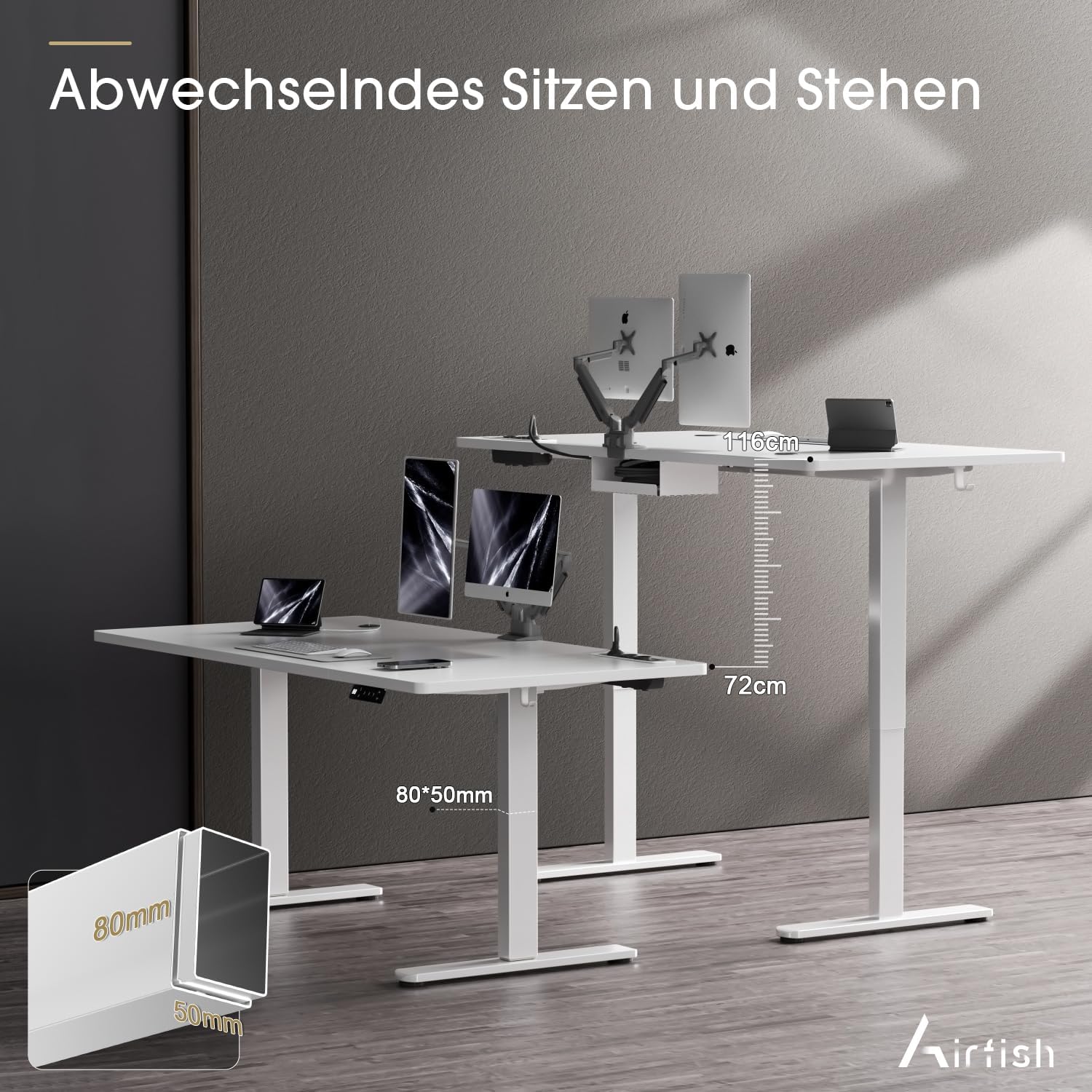 Airfish Höhenverstellbarer Schreibtisch 160x80cm mit Kabelloser Ladestation | Computertisch Elektrisch Stehtisch mit Steckdose & 3-Funktions-Memory und Funktion zur Ermüdungs-Erinnerung, Weiß