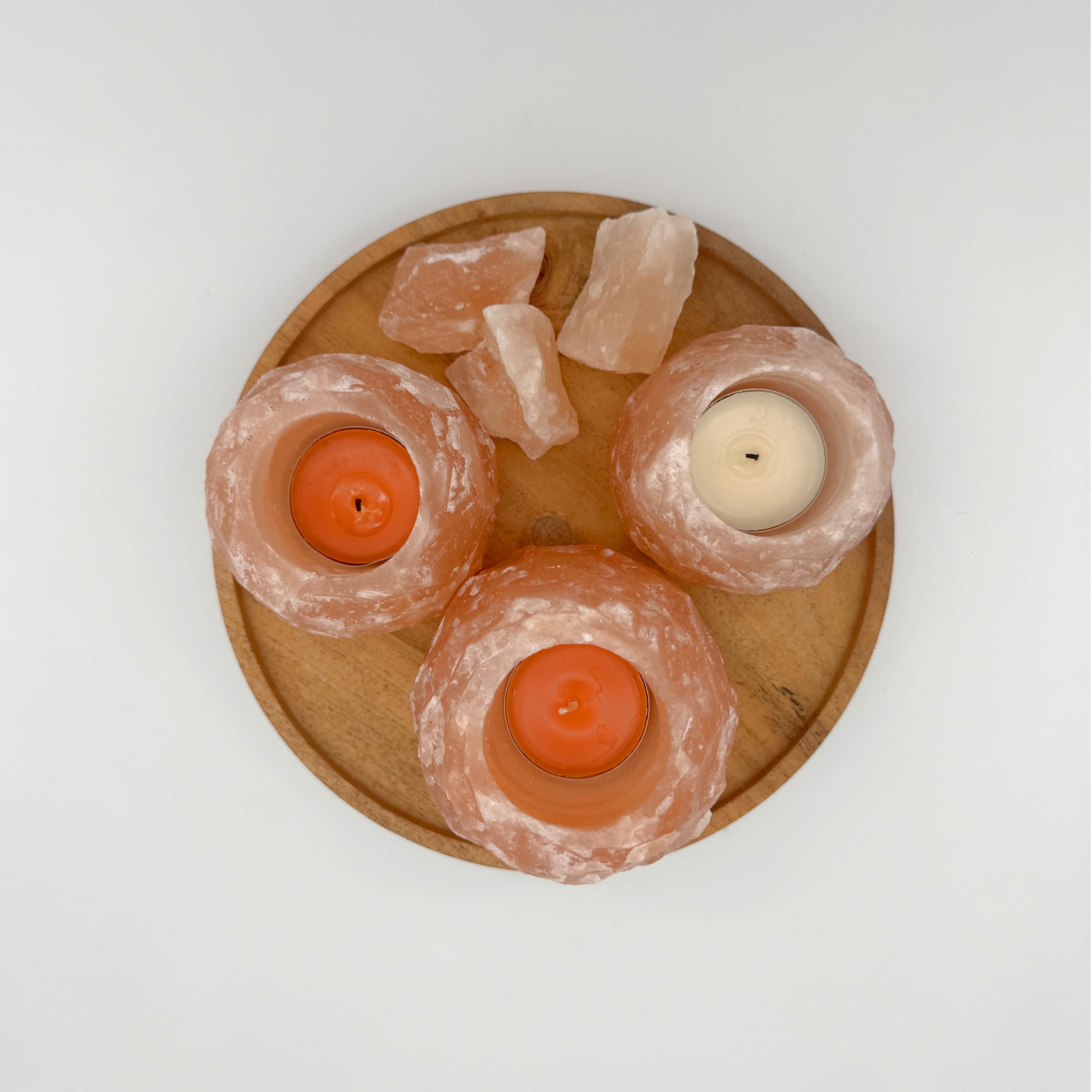 HAF Teelichthalter Set Rosa 3-teilig (2X ca. 400g & 1x ca. 700g) auf Holzplatte – Handgefertigte Kristallsalz Kerzenhalter für harmonisches Licht und Deko – ohne Teelichter