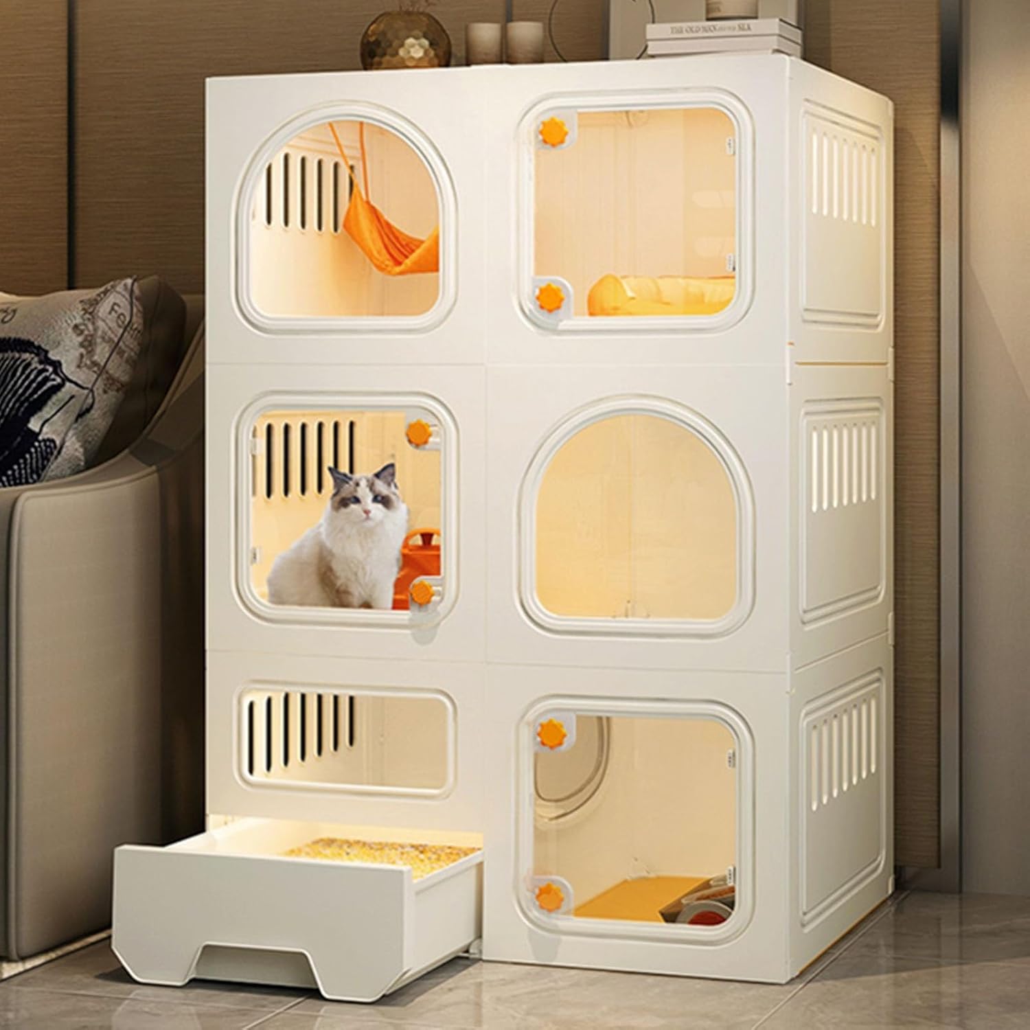 Indoor Cat Enclosure, Cat Cage with Litter Box and Transparent Door, 3-Tier PE Cats Tree, 2 Doors Cats Playpen, Easy to Set Up, Pet Cage