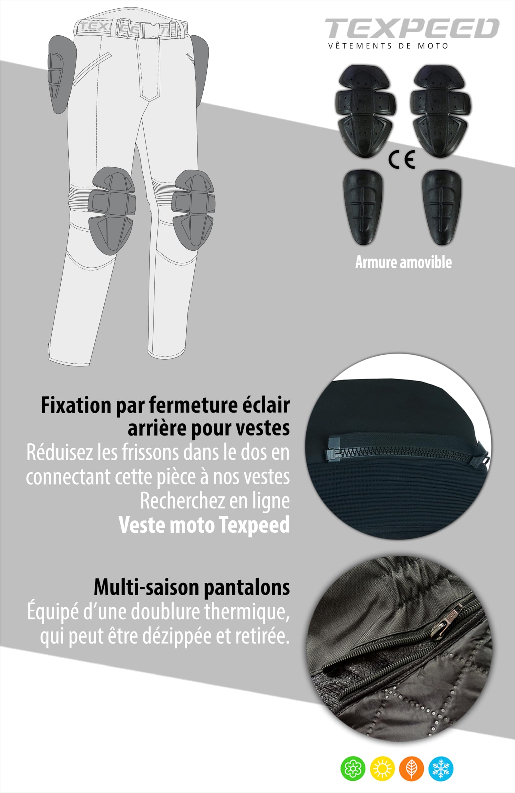 Texpeed Pantalon de Moto homme renforcé - Hiver/été Cordura Imperméable - Toutes Tailles - Avec armure CE Protection (EN 1621-1) - Noir