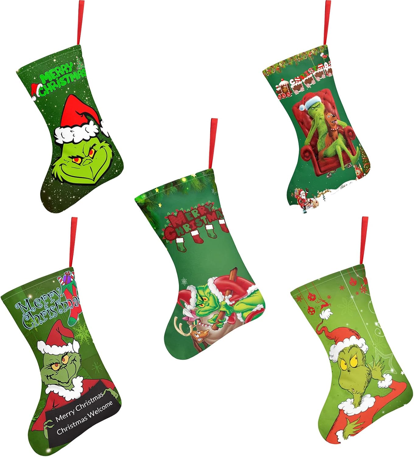 Five Pack of Green Hair Monste Christmas Decorative Stockings, Merry Christmas Decorations for The Family Holiday Green Hair Monster Christmas Socks Party Decoration。