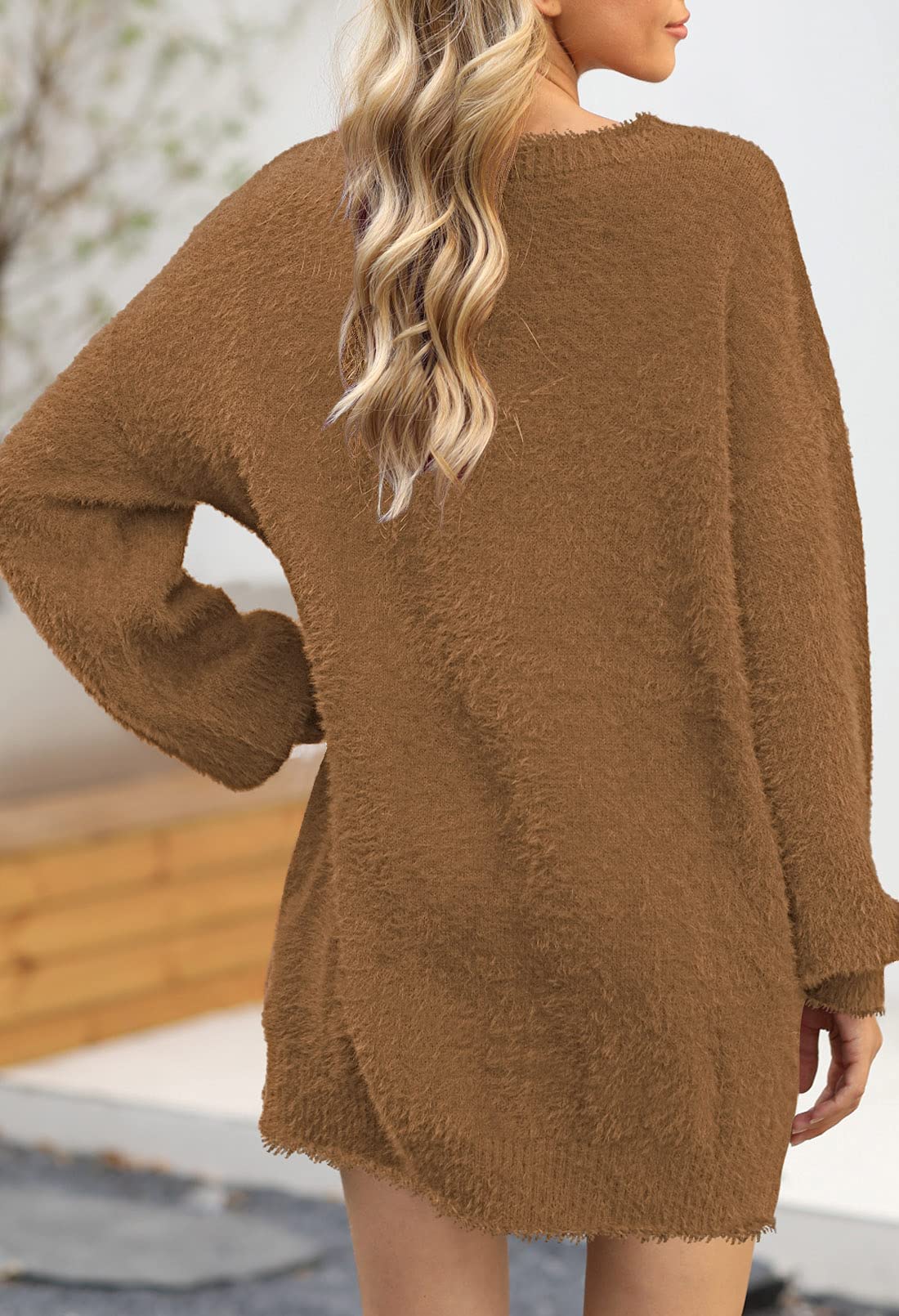 Cutiefox Sweater Dresses for Women Oversized Puff Sleeve Knit Long Pullover Sweater Brown XL