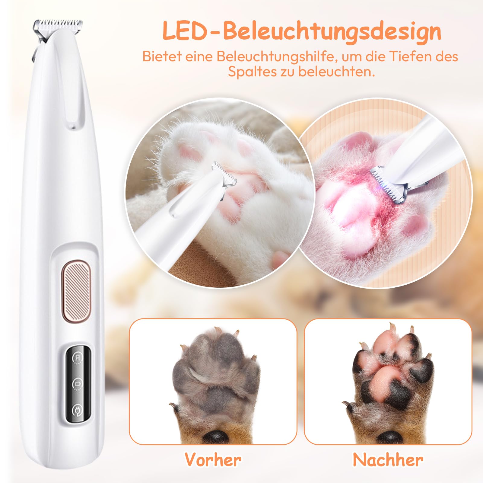 Tondeuse Patte Chien Entre Coussinets, Tondeuse Coussinet Chien pour Chiens Chat et Autres Animaux, Tondeuse Chien avec LED, Rechargeable par USB, pour Pattes, Yeux, Oreilles, Visage, Croupe