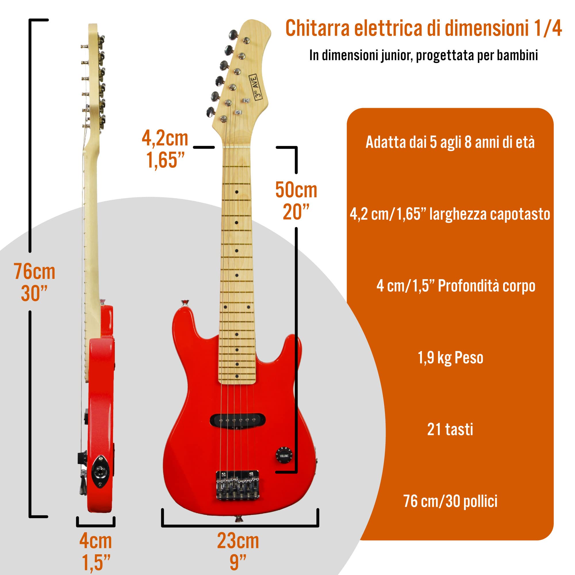3rd Avenue Pacchetto beginner con chitarra elettrica junior di dimensioni 1/4 3rd Avenue, amplificatore portatile da 5 W, cavo di connessione, custodia, plettri e tracolla – Rosso