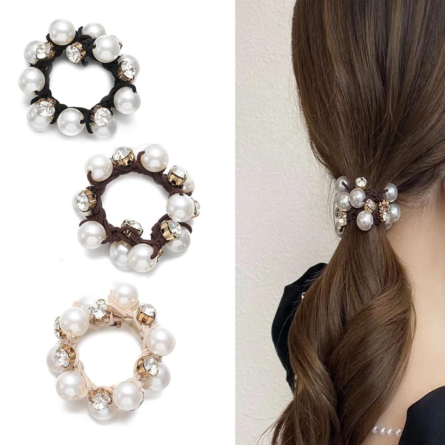 Frescorr (3 pcs) Luxury Pearl & Crystal RhineStone scrunchies for Women | Girls | Pack of 3 | Rubber Band | Hair Ties | Ponytail Holders | Imitation Pearl Hair Accessories