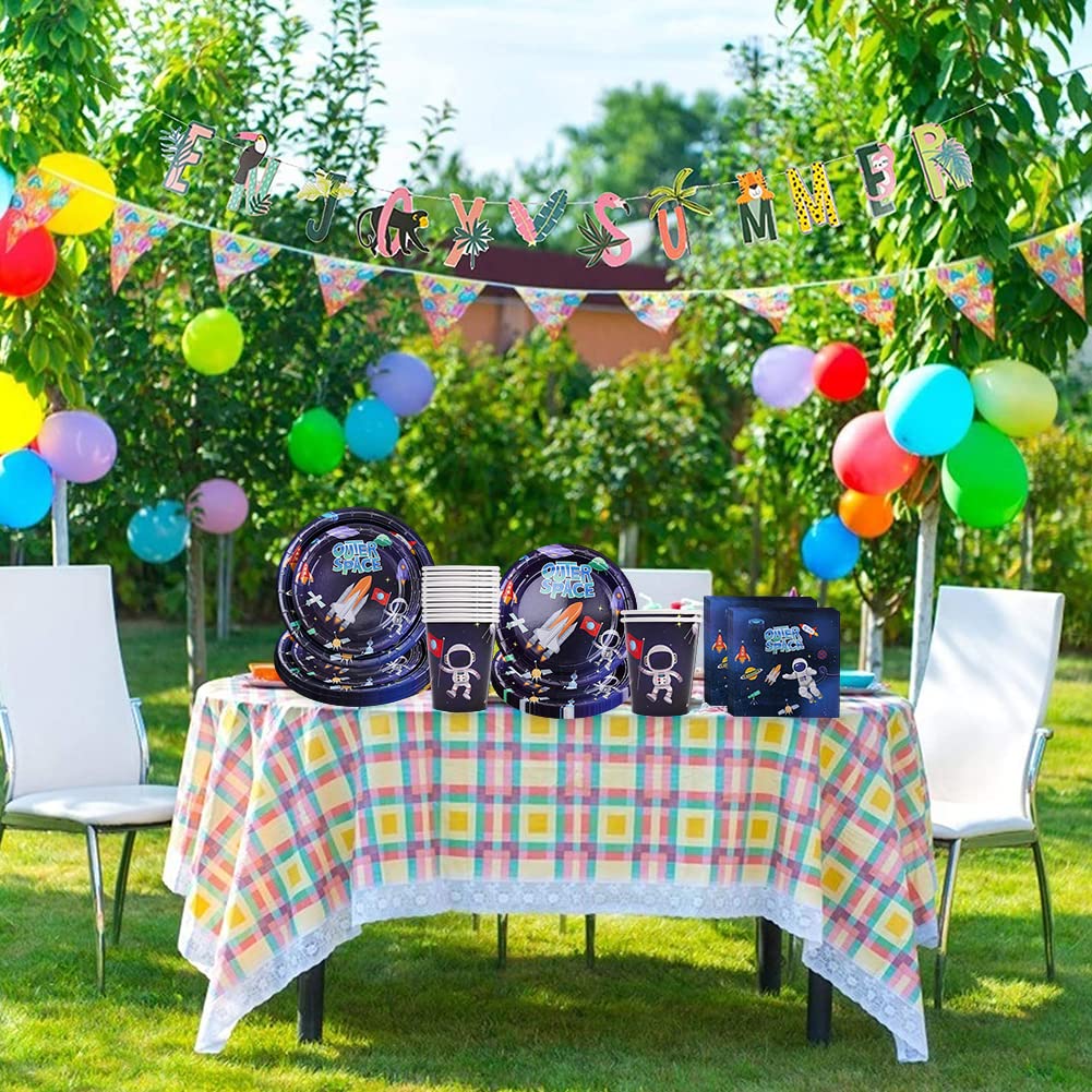 Espace Anniversaire Decoration, Vaisselle De Fête Des Astronaute, Decoration Astronaute Fusée Assiette Carton Gobelet Tasse Serviettes Papier Nappe Bannière Pour Enfant Garcons, Pour 16 Invités