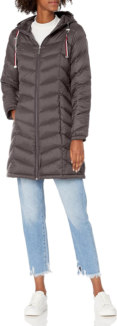 Amazon Tommy Hilfiger レディース ミッドレングス シェブロンキルト パッカブルダウンジャケット コート ジャケット 通販