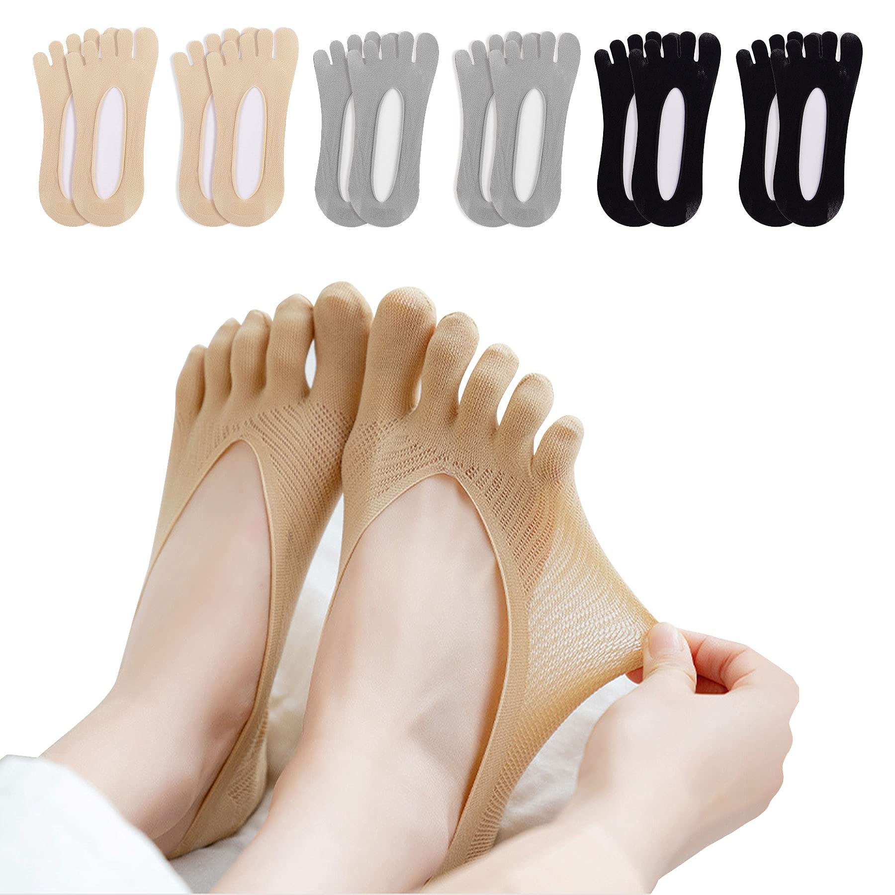 K·K Women's Orthopaedic Toe Socks - 5/6 Pairs Toe Socks Ultra Low Cut Liner Soft with Breathable Gel Label - Socks for Relief from Foot Pain - Style 1-3 Black + 3 Skin Colour, size: 10