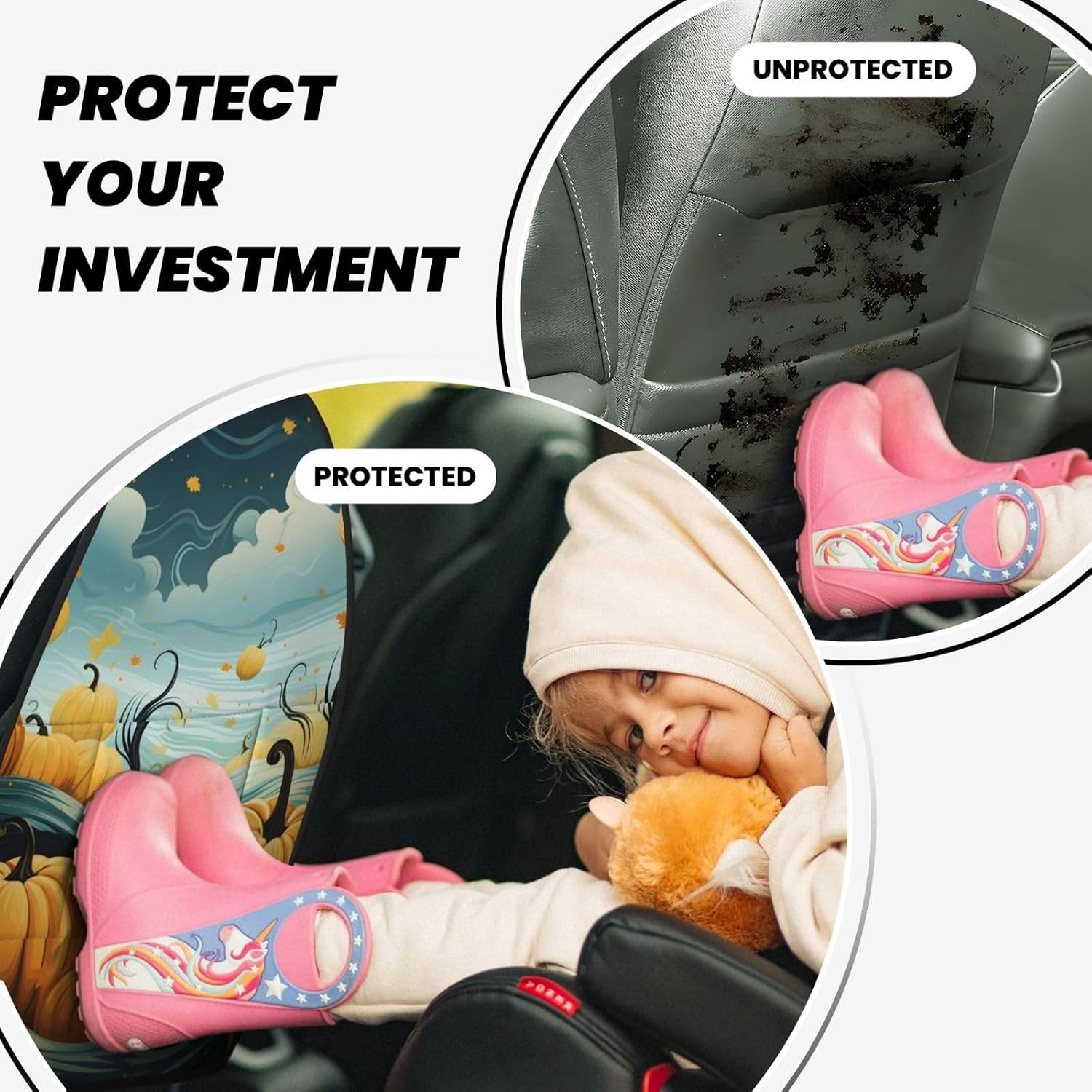 Car Seat Back Kick Protector 2 Pack 18.5" x 26.4", Surreal Pumpkin Wave Illustration Upgraded Large Rear Seat Cover for Dirty Shoes Kids Pets, Waterproof Oxford Fabric Anti-Kick Pad for SUV Je