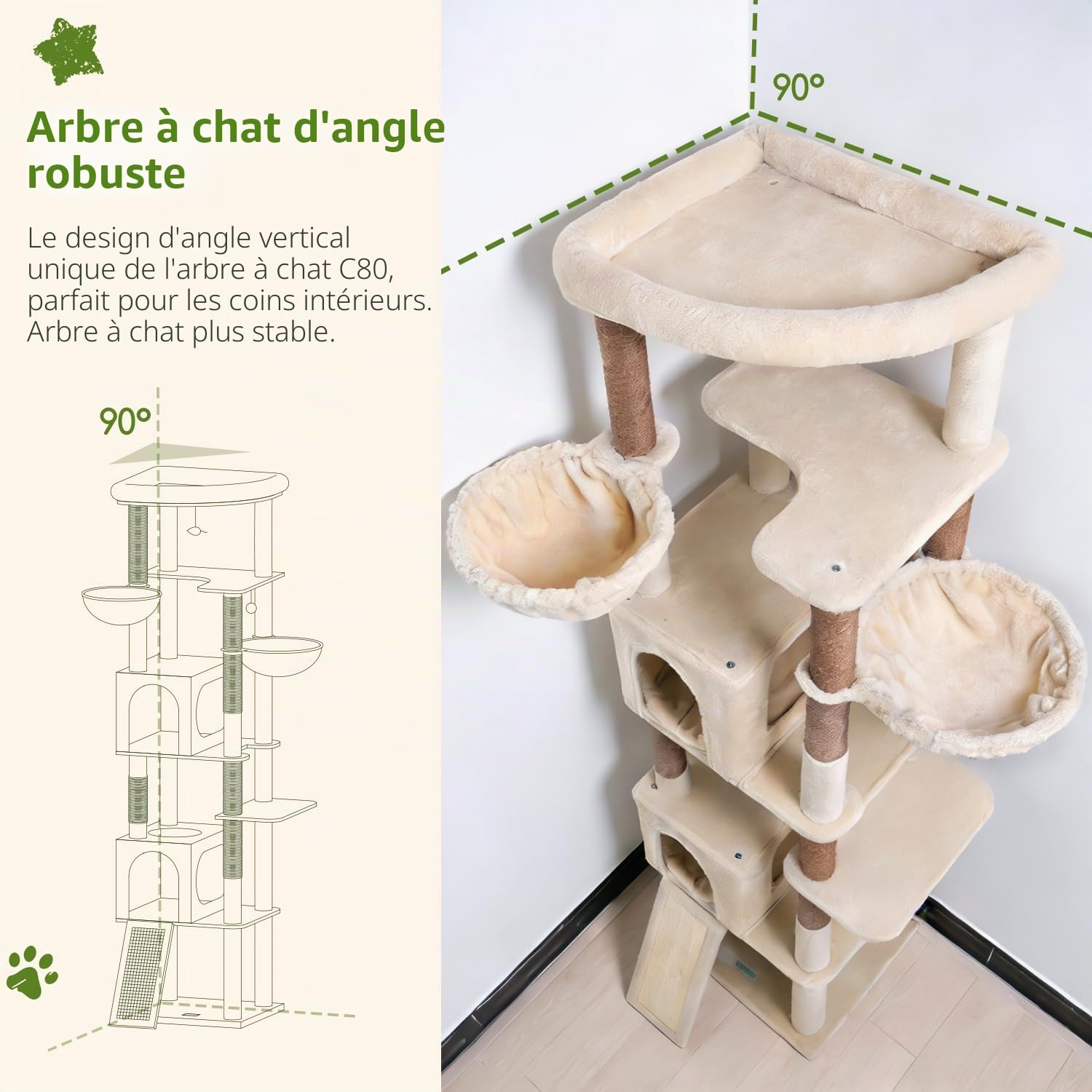 Globlazer Arbre a Chat Beige XXL Coin pour Gros Chats 204cm avec 2 Grand Niches 45*30*30cm, Immense Plateforme, Planche Sisal, Panier, Stable Arbres à Chats Intérieur Repos Gratte Jouant (C80, Beige)