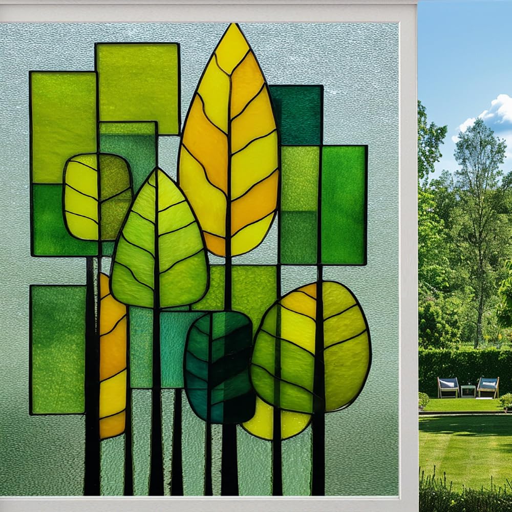 Pmlbaous Natural Forest Stained Glass Window Film, Abstract Trees Geometry Peel And Stick Privacy Film, Frosted Adhesive Vinyl Decorative For Bathroom Windows Glass Doors, （80X140cm）