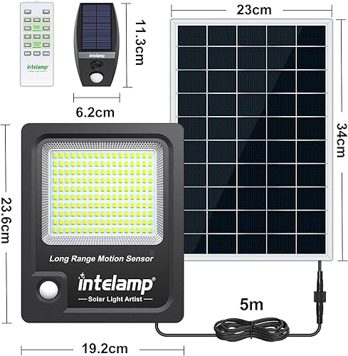 intelamp Projecteur Solaire Exterieur 3000LM 170LED avec Télécommande, 12000mAh Lampe Solaire Extérieur Détecteur de Mouvement, IP65 Étanche Éclairage Solaire（5m Câble） pour Jardin,Garage - 4