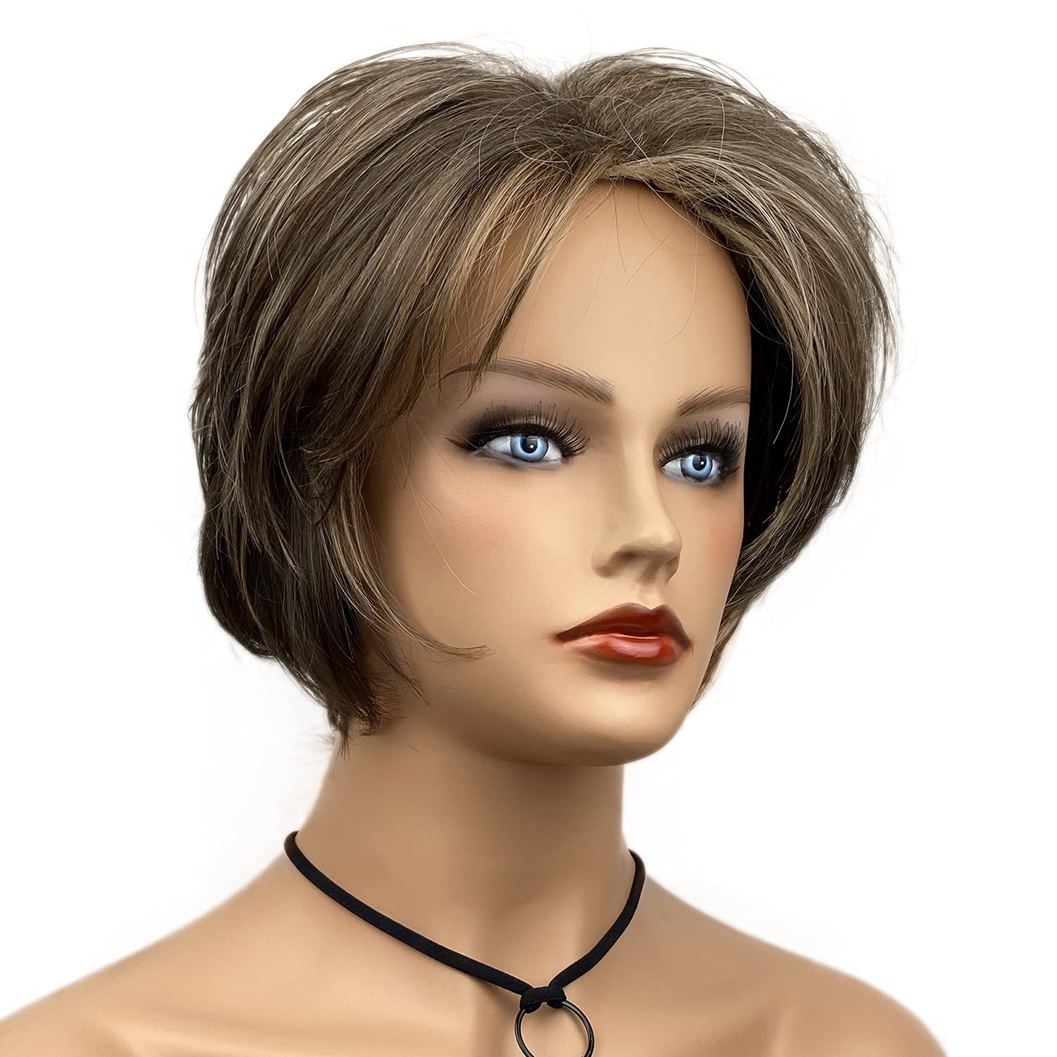 Wiginway Short Layered Wig Brown Pixie Cut Wig Natural Straight Synthetic Hair 6" for Daily Party Costume