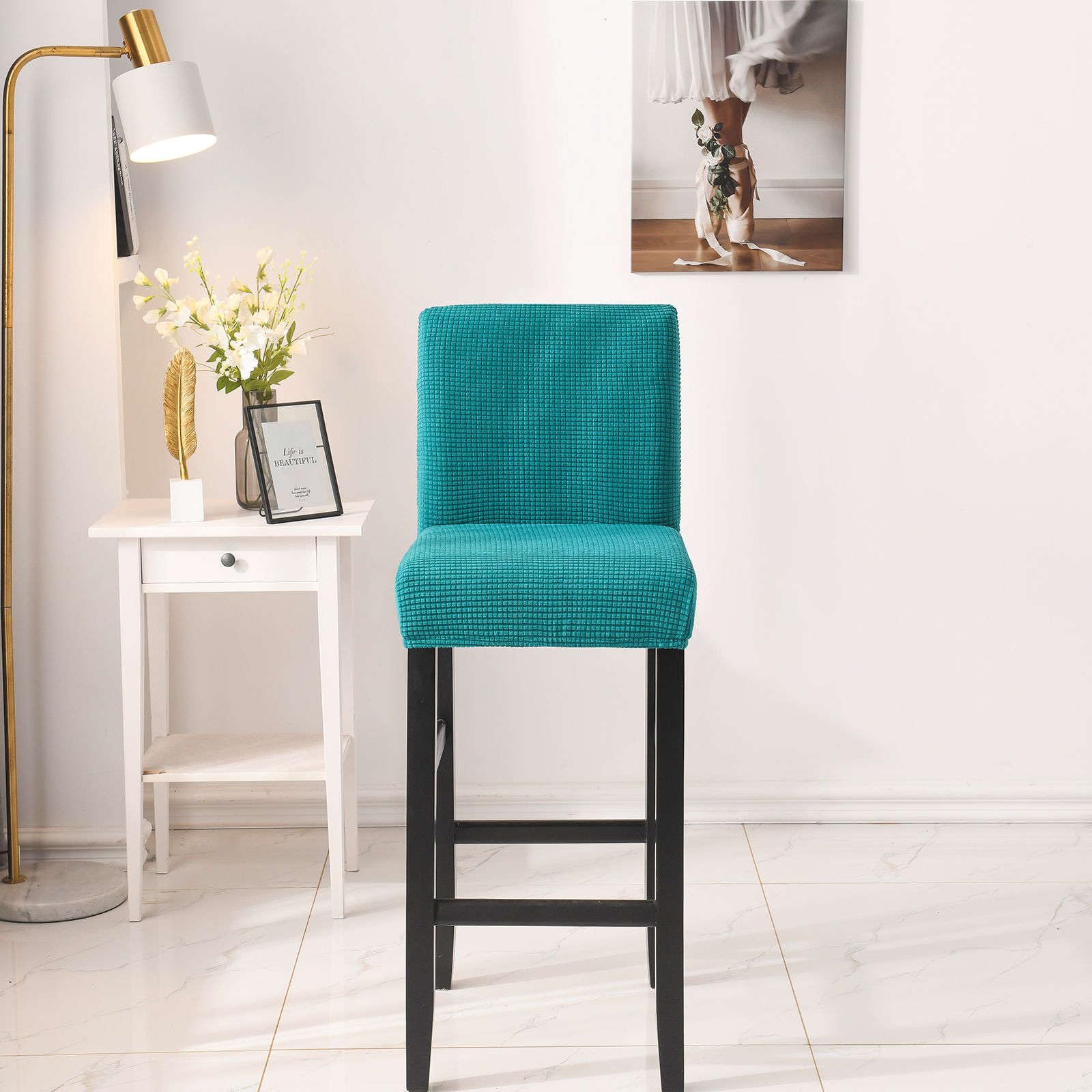 JHLD Bar Stool Covers, Plaid Furniture Chair Seat Cover Stretch Barstool Slipcover Dining Chair Covers Machine Washable for Living Room-Teal-Set of 2