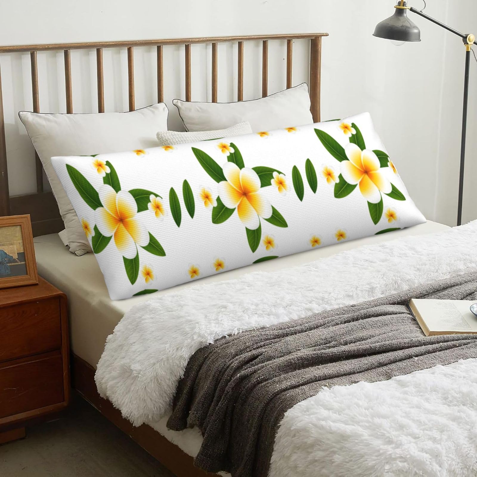 Seamless Background Design With Plumeria And Leaves, Body Pillow Cover with Zipper,Long Body Pillowcase 20 x 60 in