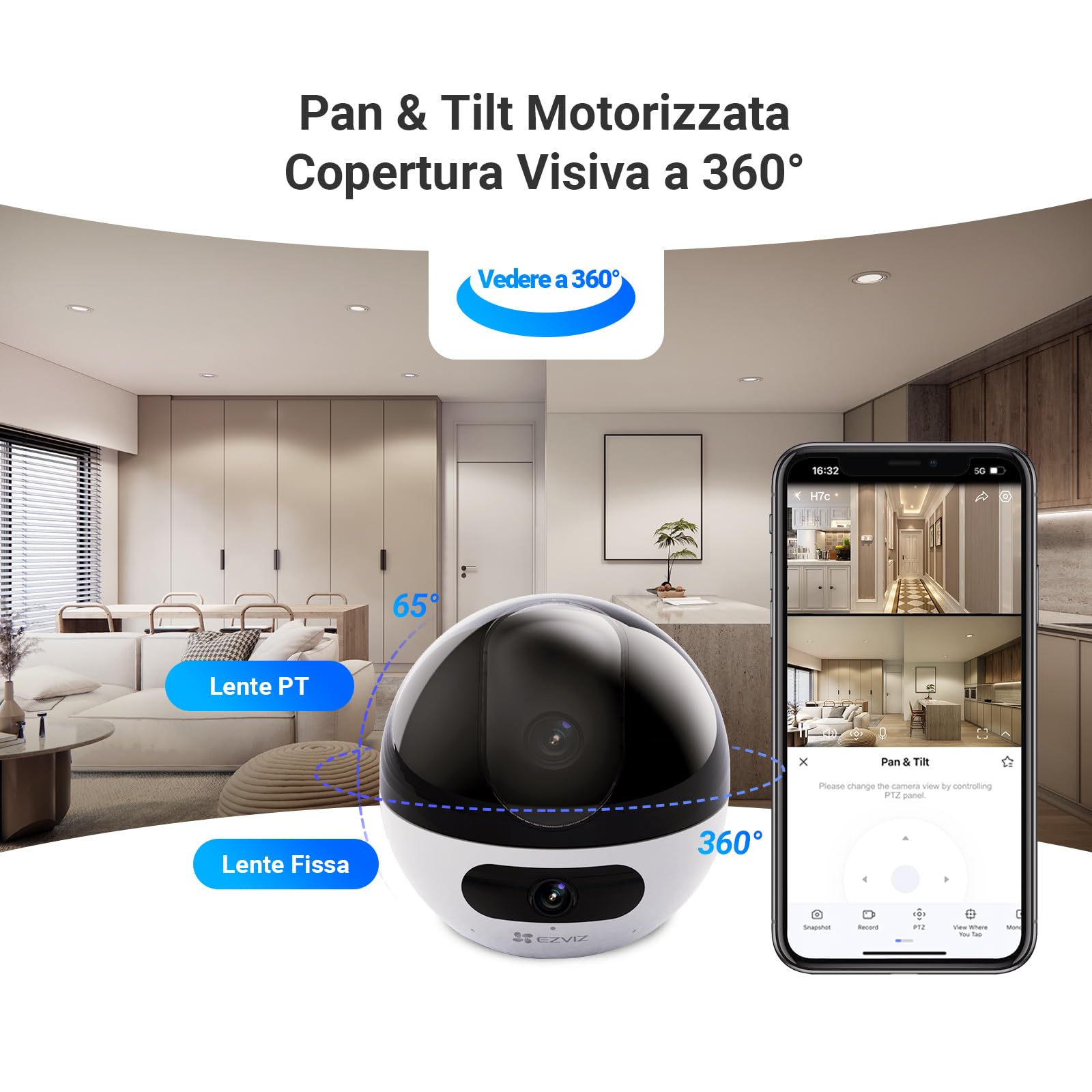 EZVIZ C7 Telecamera Wi-Fi Interno 4MP con Doppia Lente, Videocamera Sorveglianza Interno a 360°, Rilevamento di Persone/Animali, Audio Bidirezionale, Visione Notturna, Modalità Pattugliamento/Privacy