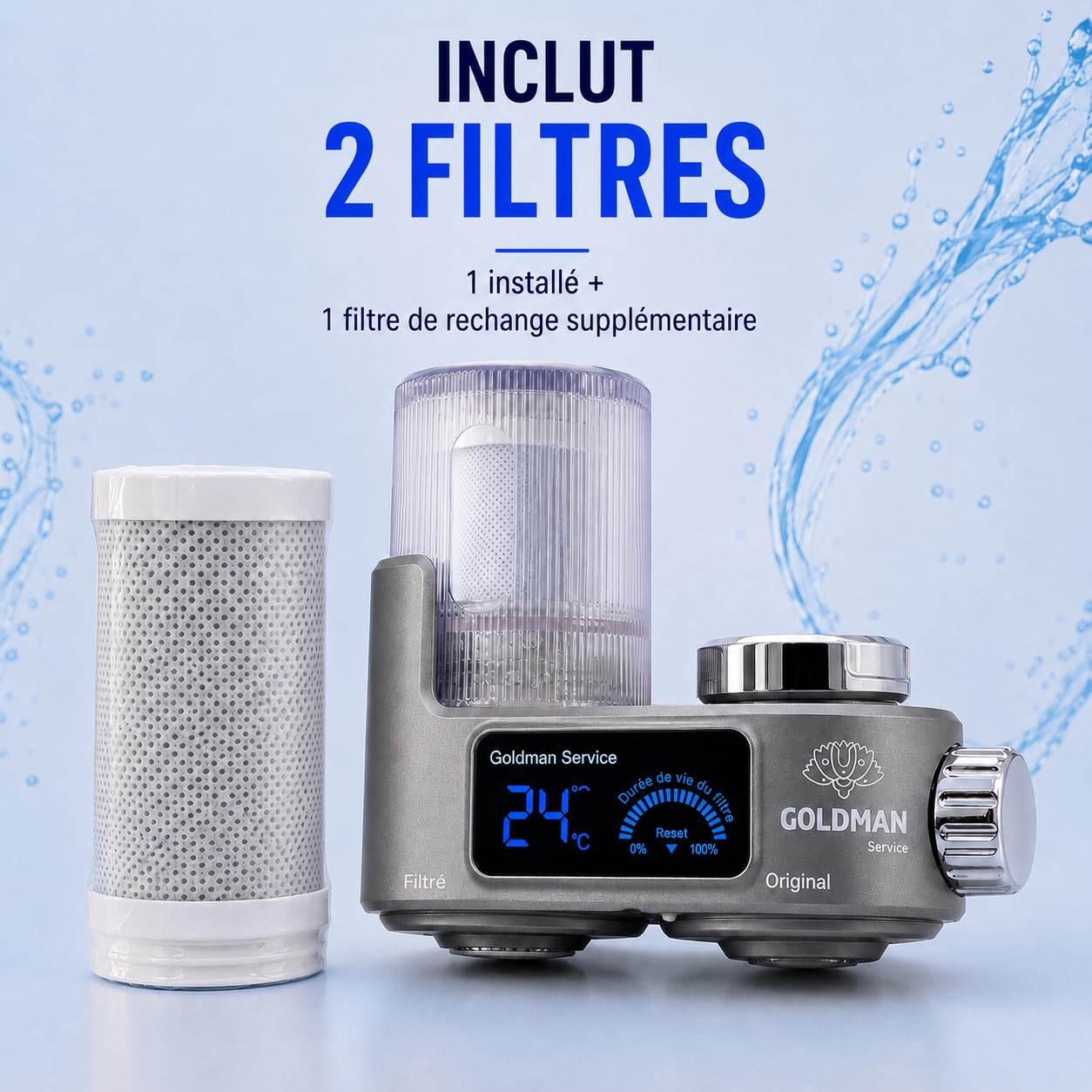 GOLDMAN SERVICE Filtre purificateur d'eau pour robinet avec écran numérique, indicateur de température en temps réel, filtre de rechange inclus et 6 adaptateurs universels
