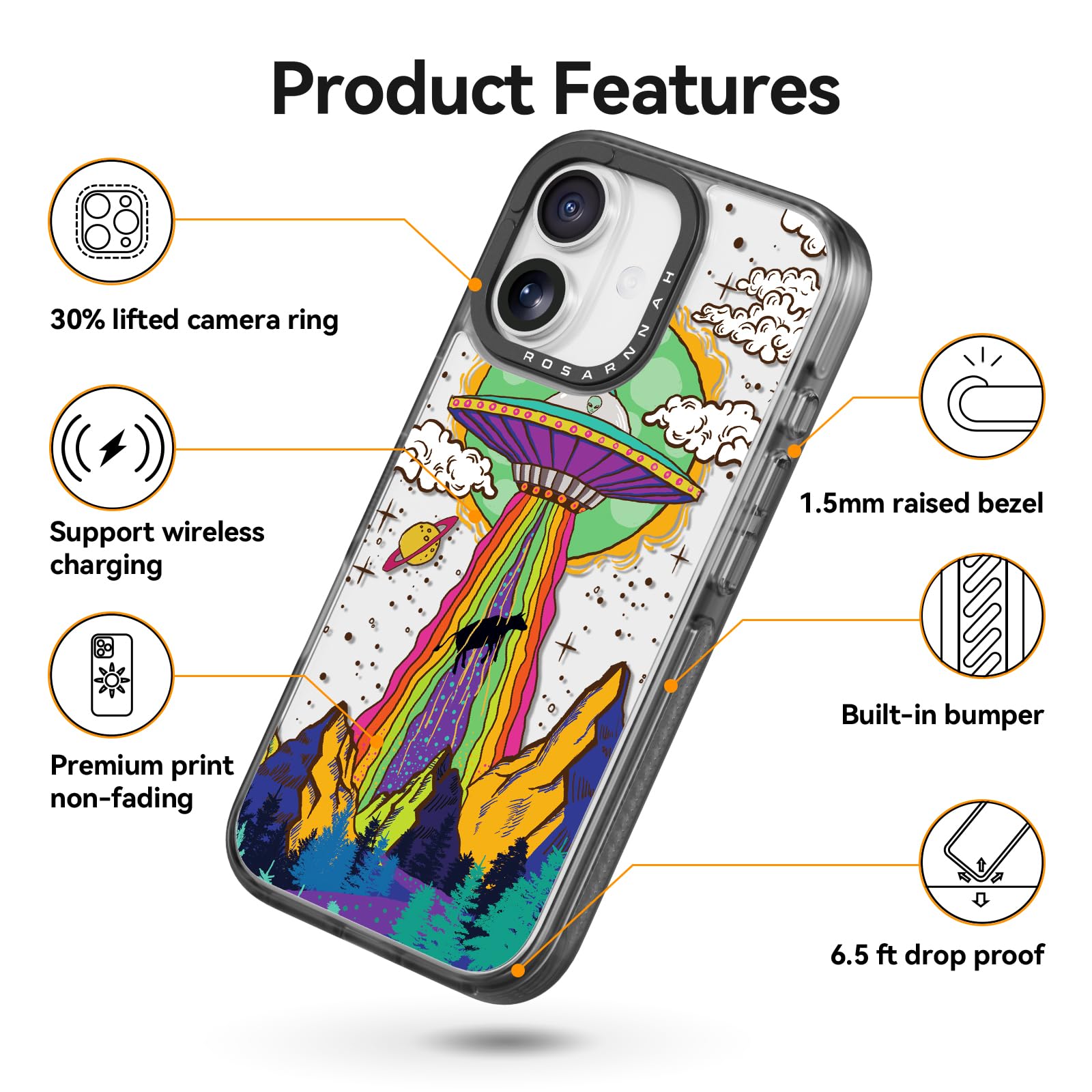 Rosarnnah 17BS - Funda compatible con iPhone – Funda duradera a prueba de golpes de impacto de caída de 6.5 pies – Negro divertido diseño OVNI para iPhone (6.1 pulgadas)