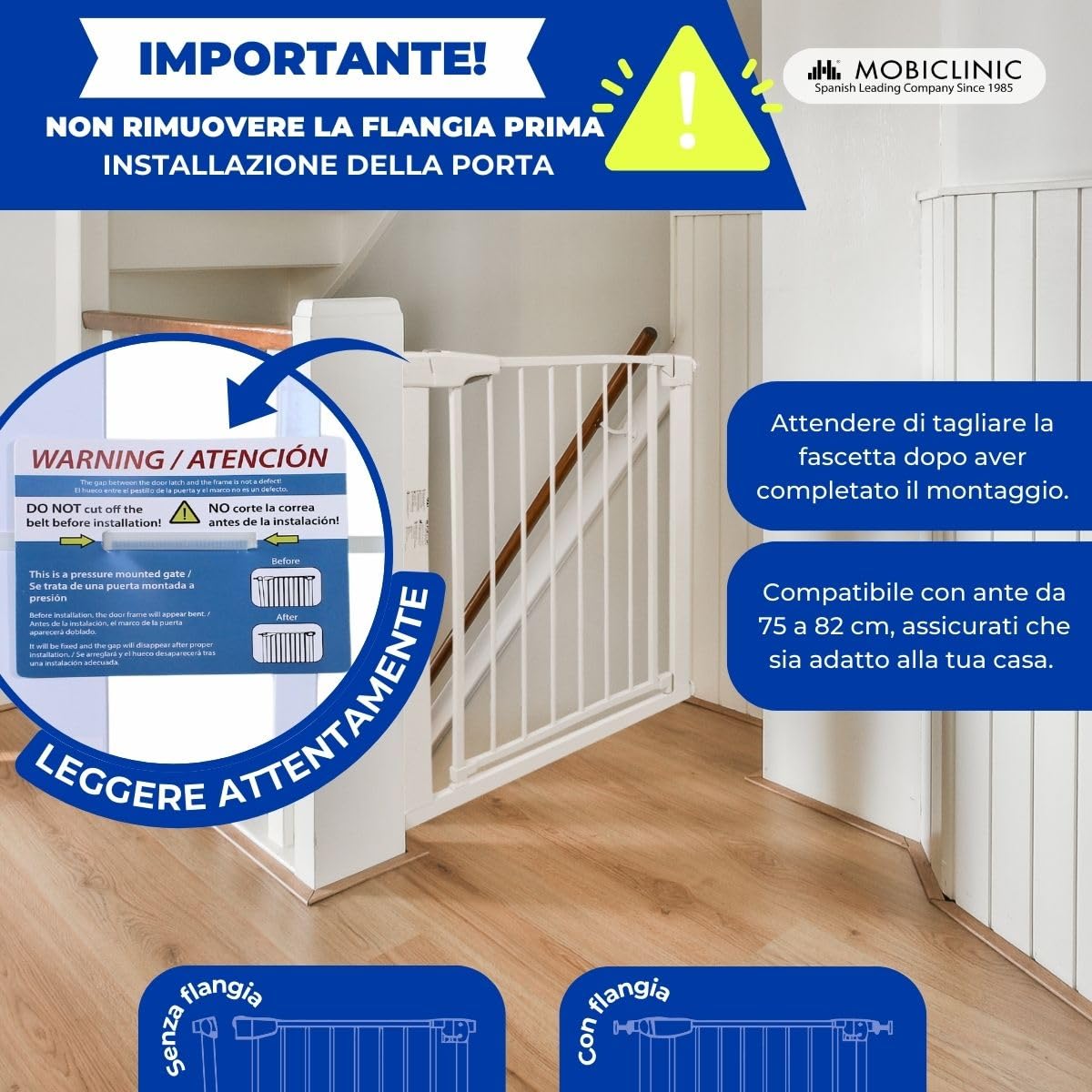 Mobiclinic® kids, Cancelletto di sicurezza per bambini e animali domestici, Raily, Chiusura automatica, Doppia apertura, Larghezza da 75 a 82 cm, Montaggio pressione senza fori, Scale porte