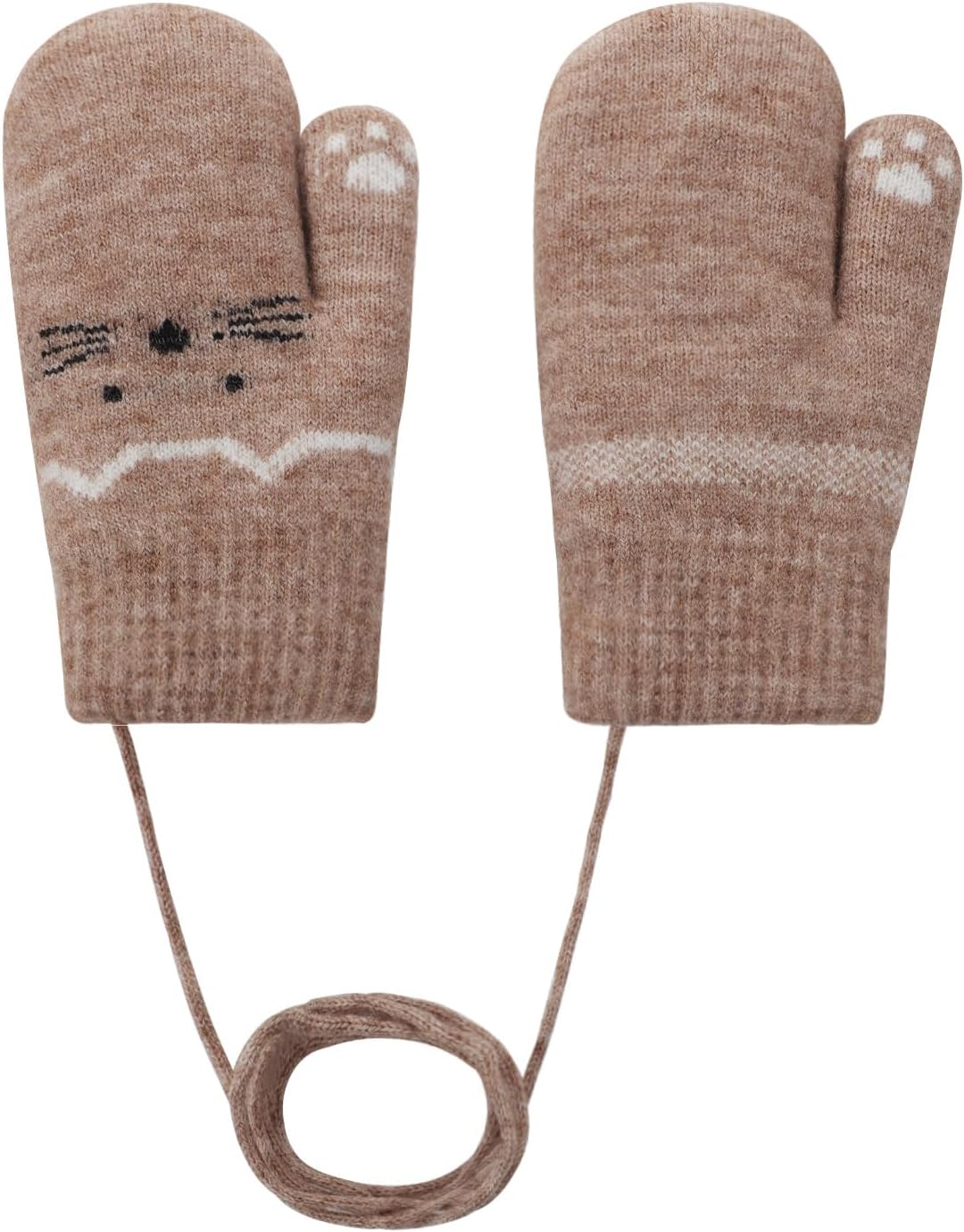 Toddler Knitted Gloves with String 0-3 Years Kids Cute Cat Pattern Thickened Plush Lined Winter Warm Gloves for Cold Weather
