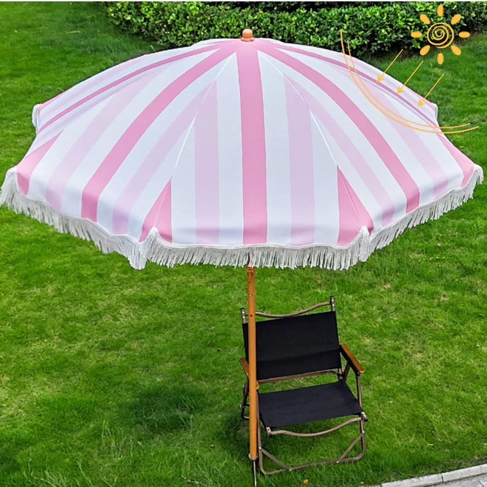 200 cm Parasol Plażowy Boho w Paski z Frędzlami, Przenośny Parasol Ogrodowy z Nachylenia o 45° UPF 50+ do na Basen, Kemping i Pikniki