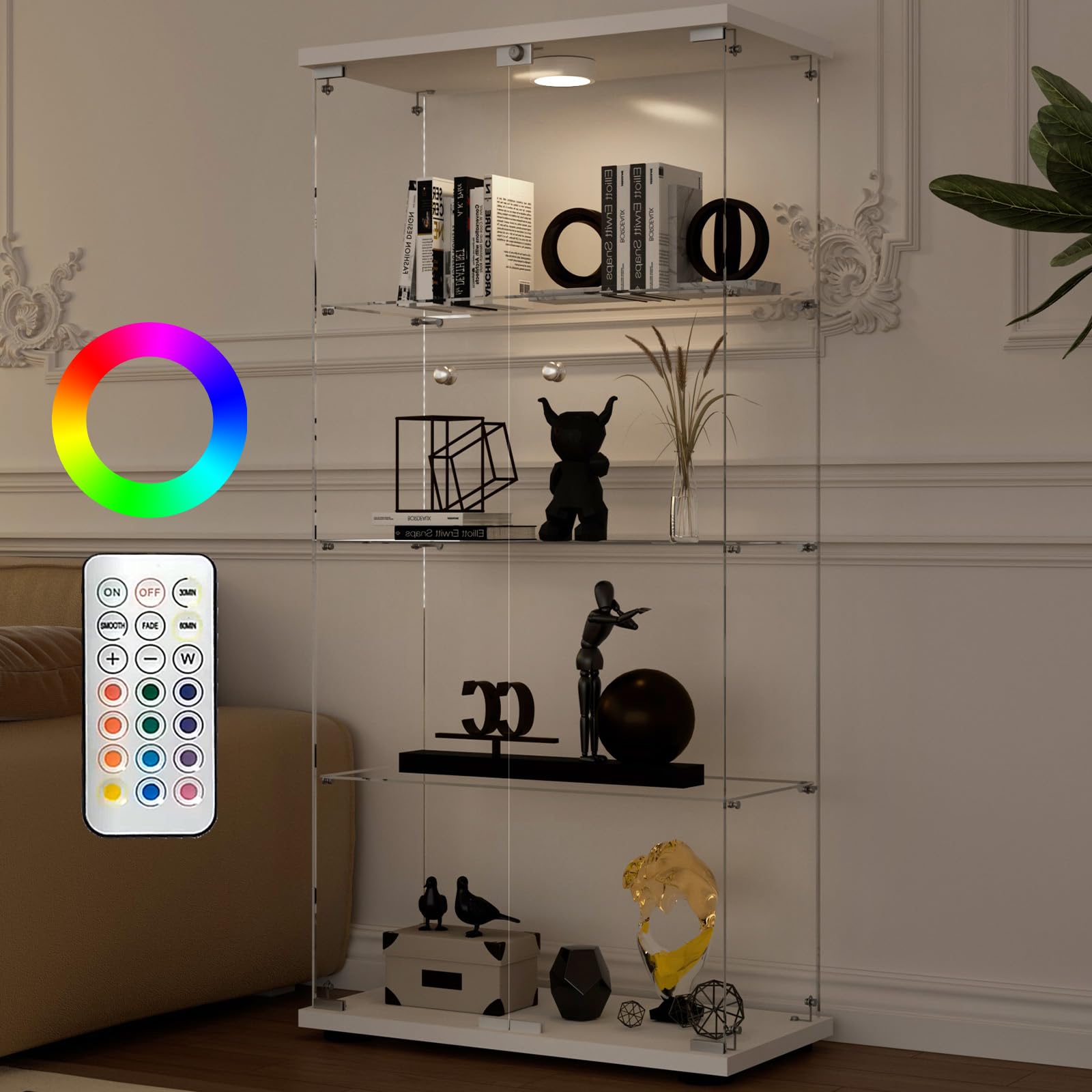 Aplancee Glasvitrine mit LED, 4 Ebenen und 2 Türen, 164x36,3x80,5 cm, Weiß