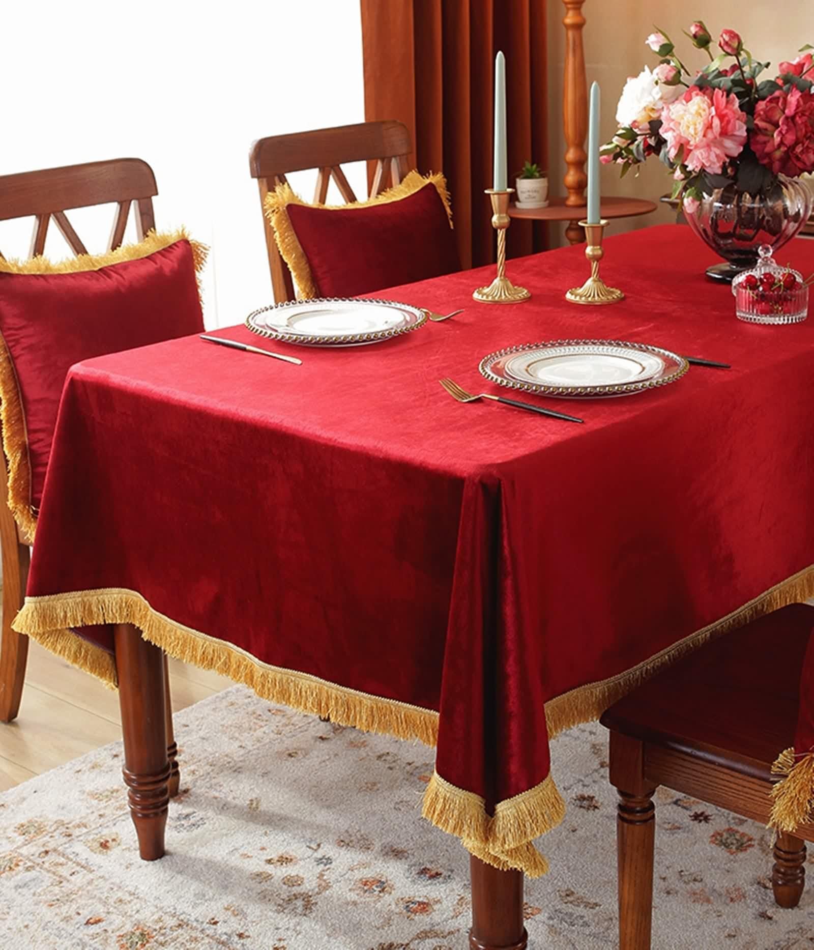 Tischdecke Rot Polyester, Tischdecke Klein Samt mit Quaste Tischtuch 140X160CM für Küche Wohnzimmer Esszimmer