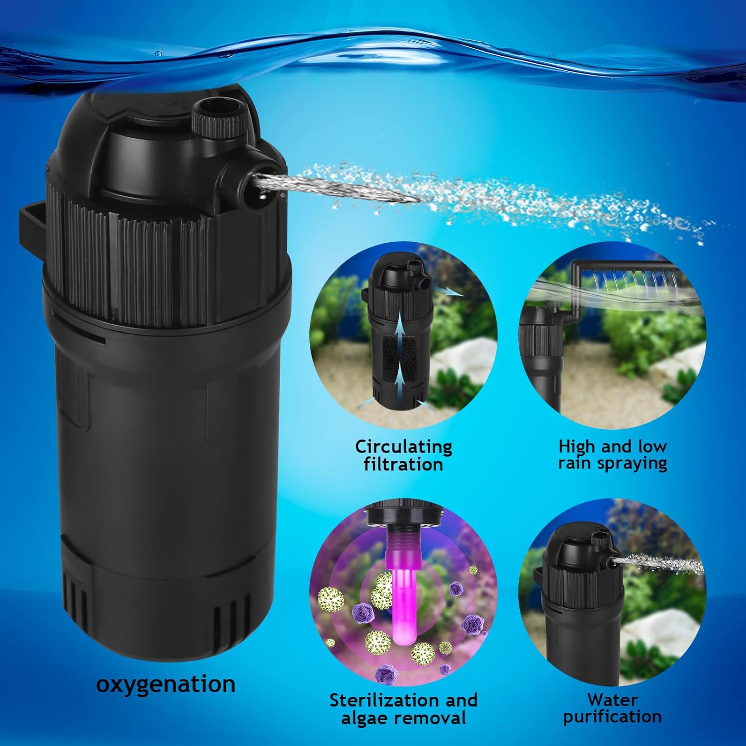 ITIY 5in1 Fish Tank UV Filter, 400L/H 4W Internal Aquarium Filter