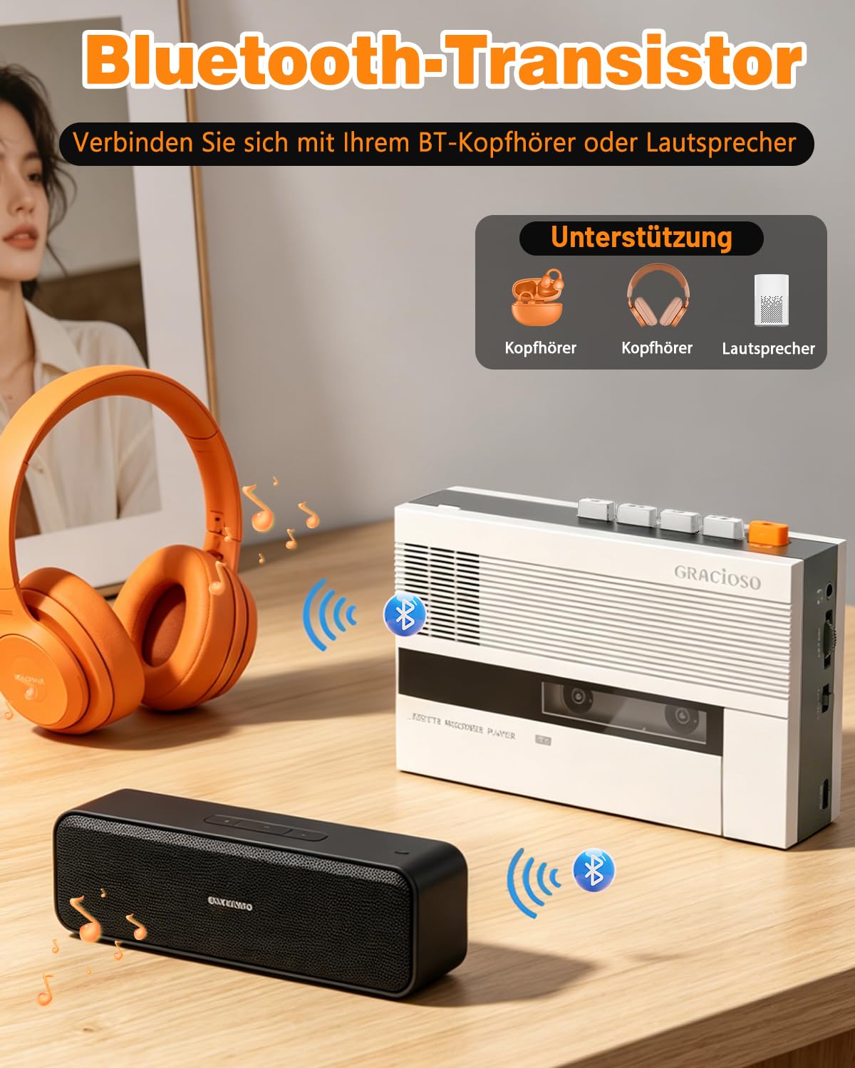 Tragbarer Kassetten-Player mit Bluetooth Sender & Empfänger, 2000mAh wiederaufladbar, Kassettenrekorder für Sprache & Bluetooth Musik, integrierter Lautsprecher, 3,5 mm Kopfhöreranschluss