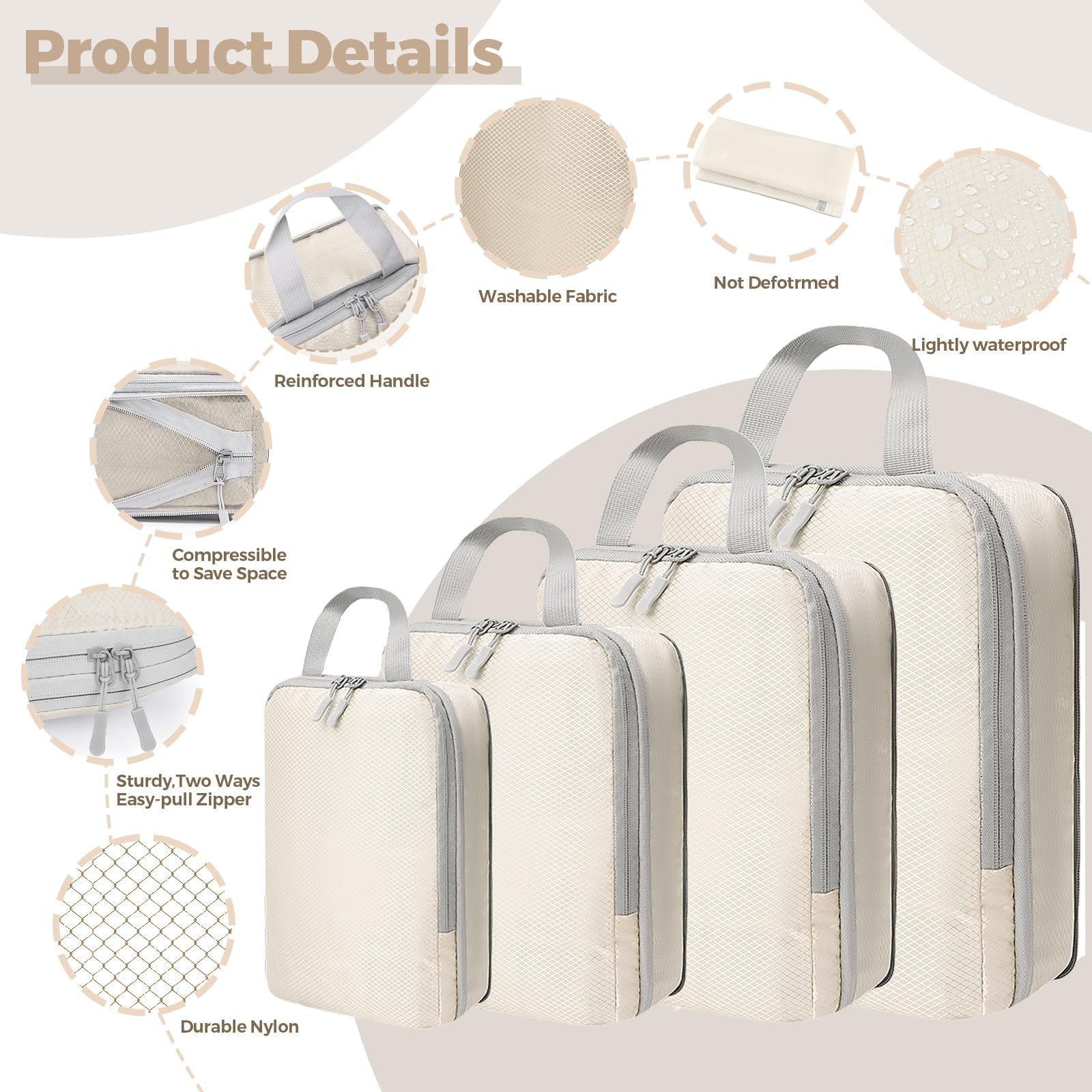LANSKLBD 4/6/8 Set Packing Cubes for Suitcases Travel Luggage Packing Organizers,Travel Accessories Essentials Luggage Organizer with Shoe/Tioletry/Laundry Bag (Beige, 4 set) view 4
