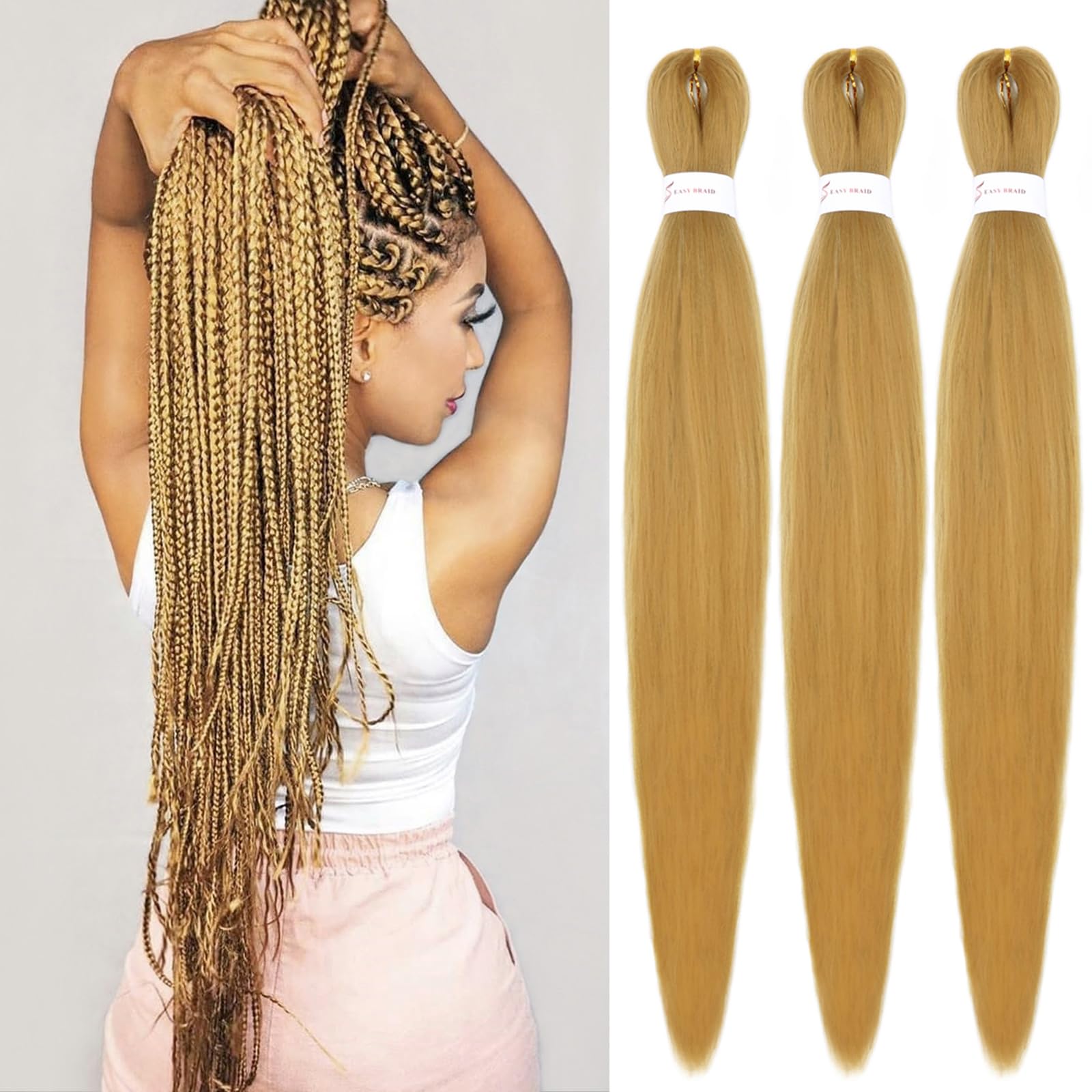 IXIMII #27 Braiding Hair Pre Stretched 30 inch 3 packs Pre-Stretched Braids Hair Honey Blonde Long Straight Braids Yaki Texture Hot Water Setting Synthetic Hair Extensions