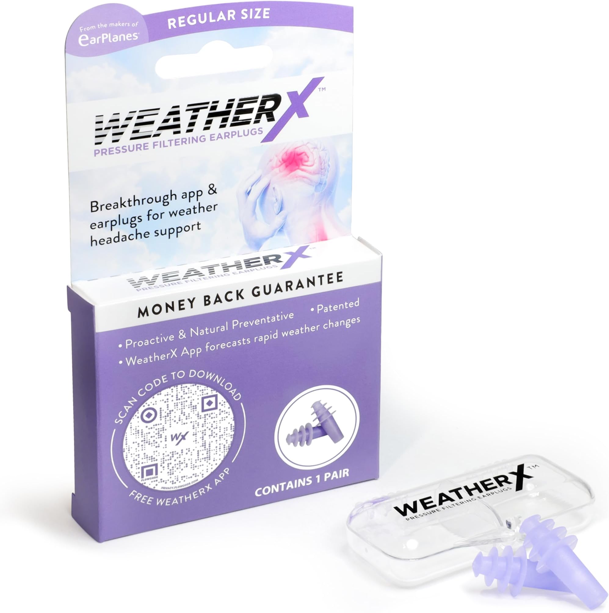 WeatherX Headache Prevention– Pressure Filtering Earplug for Shifts in Barometric Weather Pressure, Download Free Alert app (Regular 1 PK)