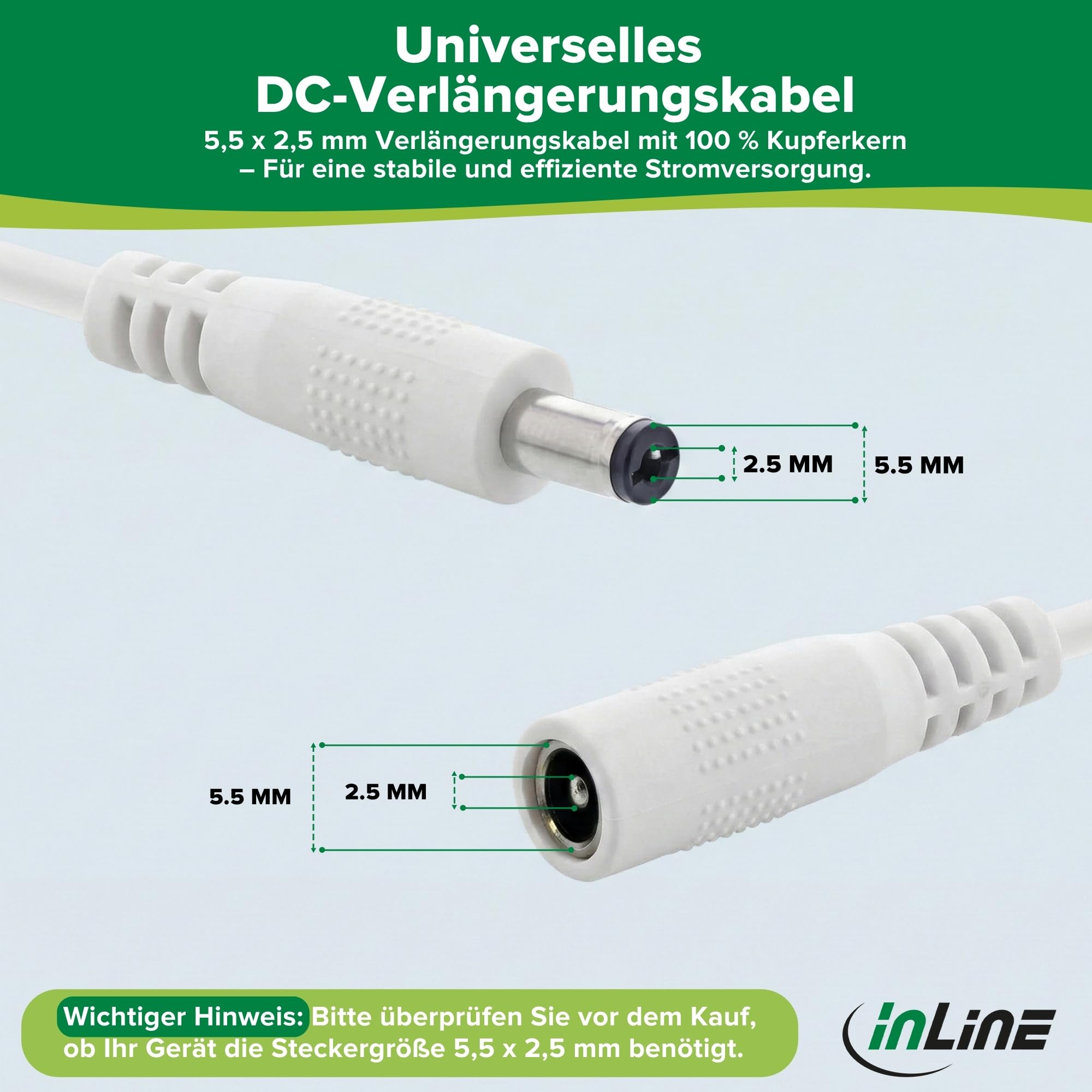 InLine - Przedłużacz DC, uniwersalny zasilacz sieciowy przedłużacz do taśm LED, kamer monitorujących, drukarek, routerów, przełączników i wielu innych, wtyk DC 5,5 x 2,5 mm, biały, 2 m