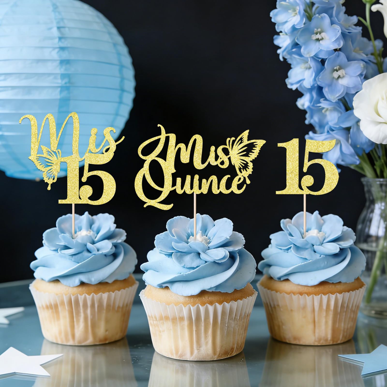 AROKIPPRY 24 Piece Mis Quince Cupcake Topper, 15th Birthday Decorations, Cheers to 15 Years Gold Glitter Party Decorations