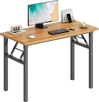 DlandHome 39.4 Inch Small Folding Computer Desk for Home Office, Teak Black | Foldable Writing Table for Small Spaces Bedroom, No Assembly Required, Wood Top Metal Frame, Collapsible Compact Easy Storage