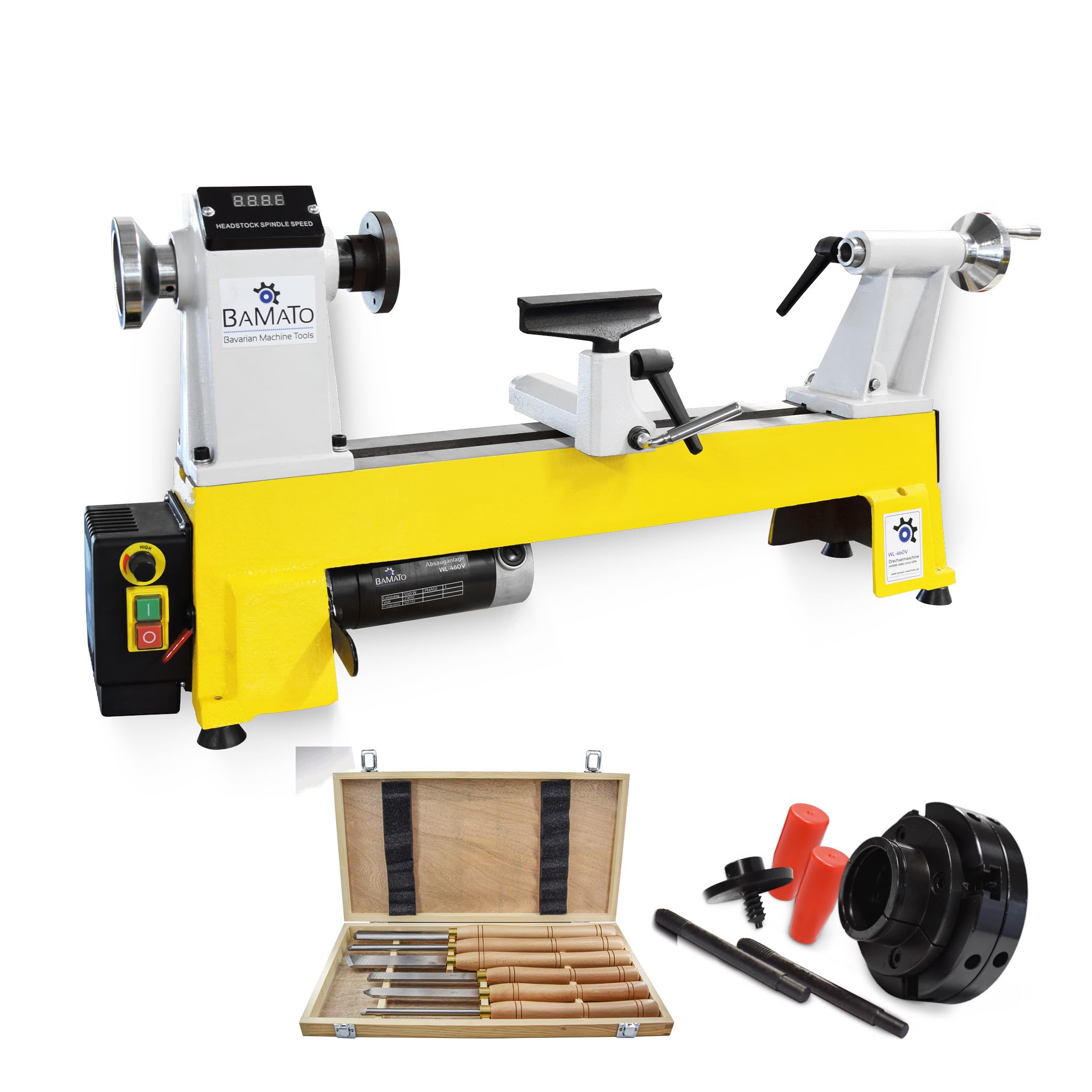 BAMATO Profi Drechselmaschine WL-460V | 550W Motor | Stufenlose Drehzahl 650-3800 U/min | Digitale Anzeige | Inkl. 4-Backenfutter & 6-tlg. HSS Drechselsatz | Gussausführung Drechselbank für Holz