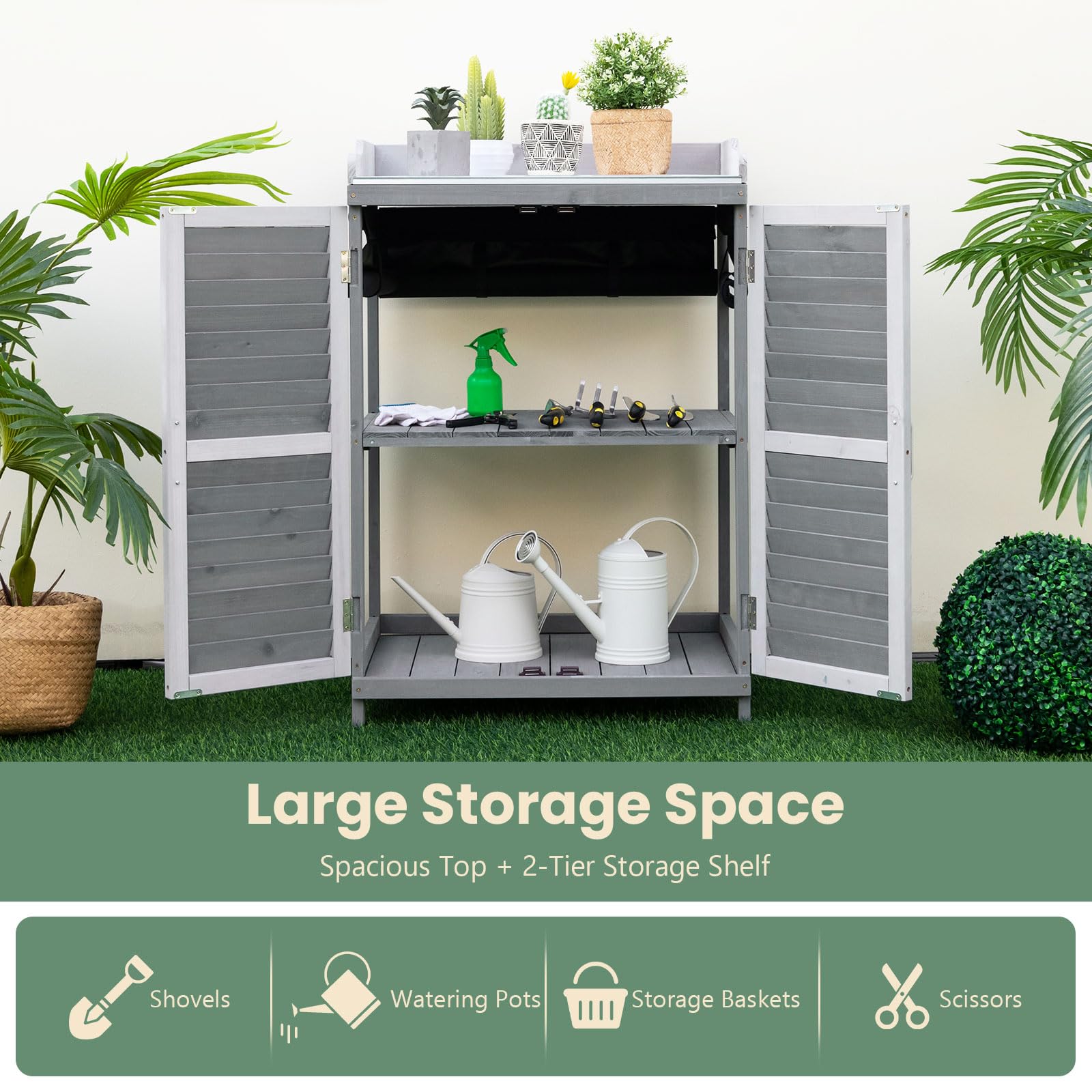 GOPLUS Table de Rempotage de Jardin en Bois de Sapin, 67 x 46 x 99,5 CM, Armoire de Rangement Extérieur, Plateau en Métal, Étagère, 2 Porte Magnétique Persiennes, Rideaux Latéraux, pour Outil, Plante