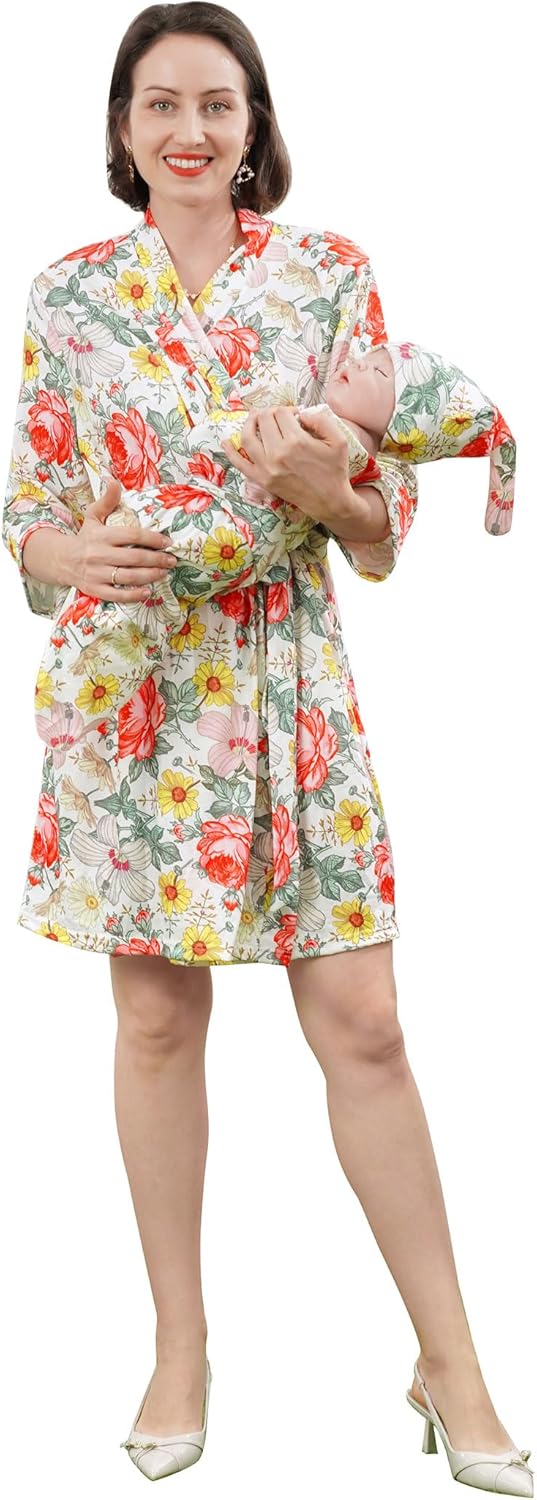 Mommy and Me Robe and Swaddle Set Floral Maternity and Baby Matching Delivery Blanket Headband for Mom Girl Boy 4pcs