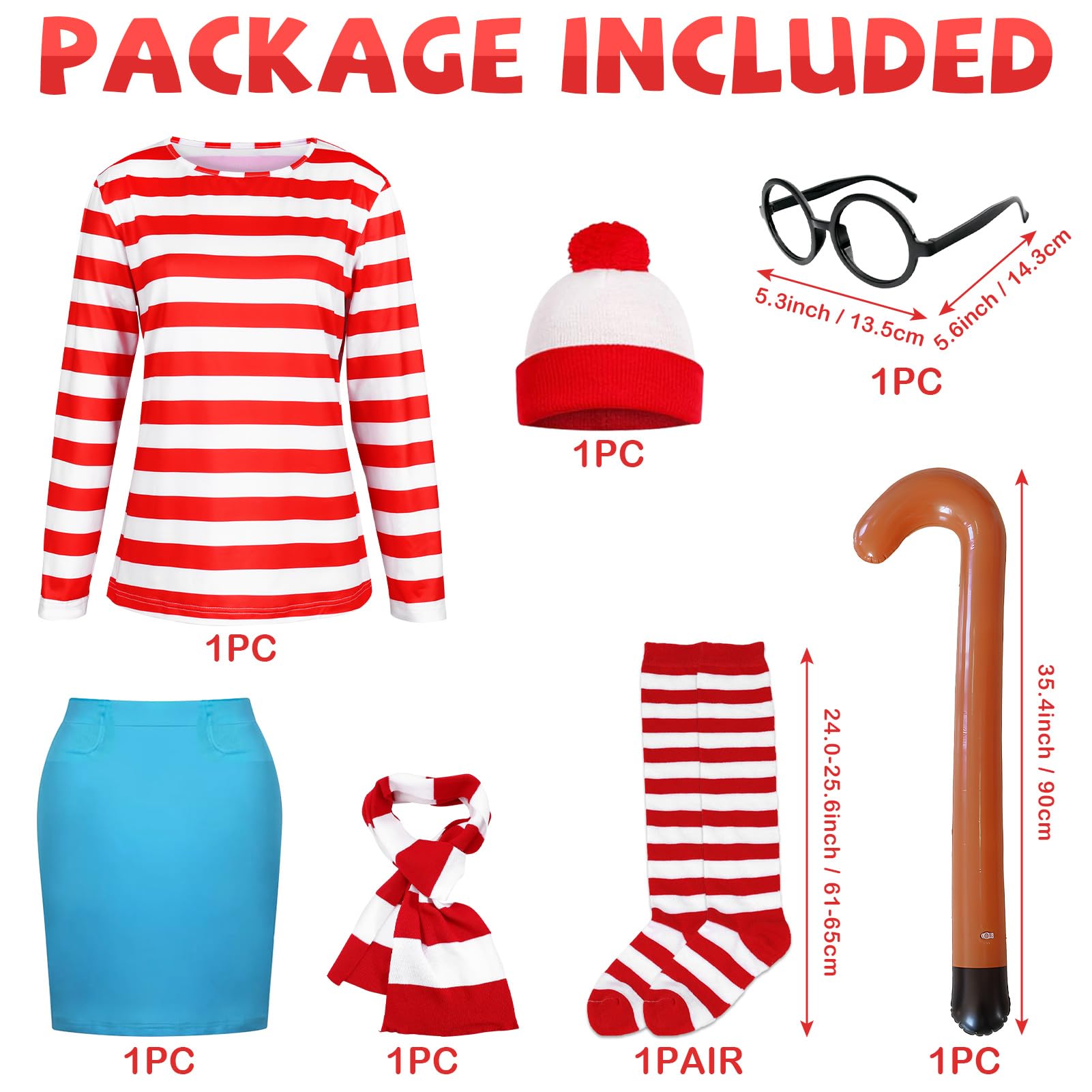 Suffolly Red and White Striped T Shirt Set for Adult 5PCS Wally Costume Hat T-shirt Cane Scarf Glasses Costume Set 90s 80s Fancy Dress Halloween Costumes for Men Women (Women-B - Image 3
